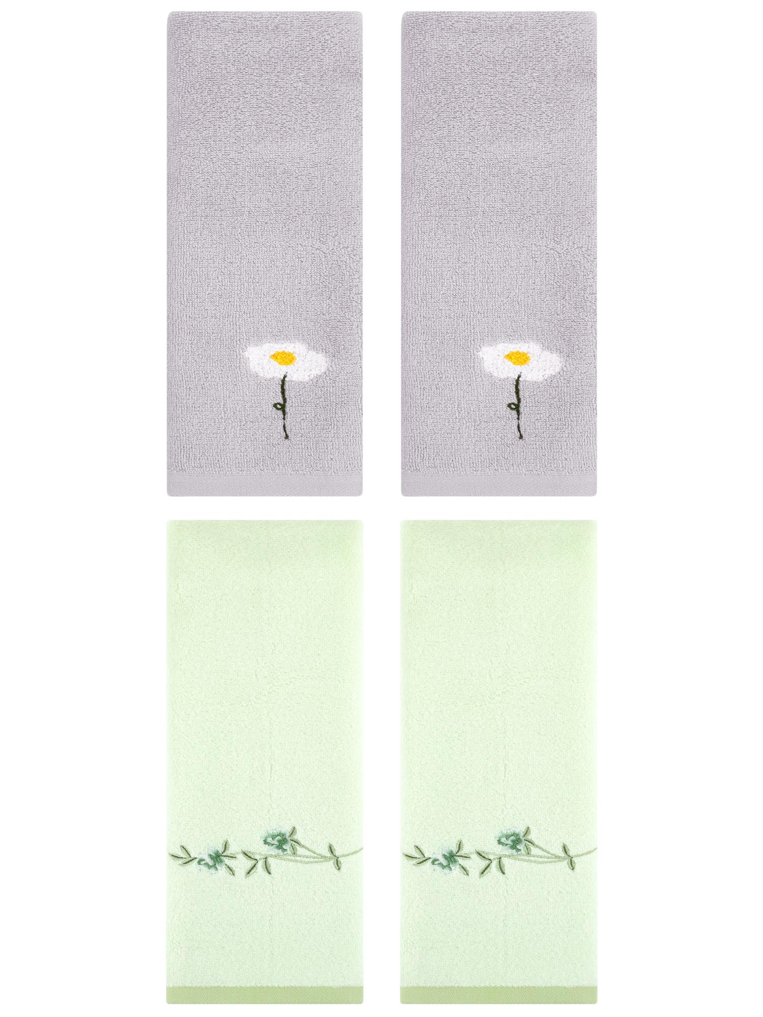 Unique Bargains Floral Cotton Hand Towel 4 Pcs Grey/Green 13" x 30"/15" x 30"
