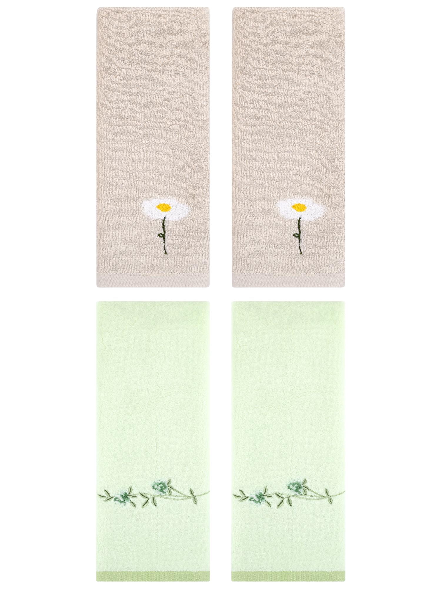 Unique Bargains Floral Cotton Hand Towel 4 Pcs Light Brown/Green 13" x 30"/15" x 30"