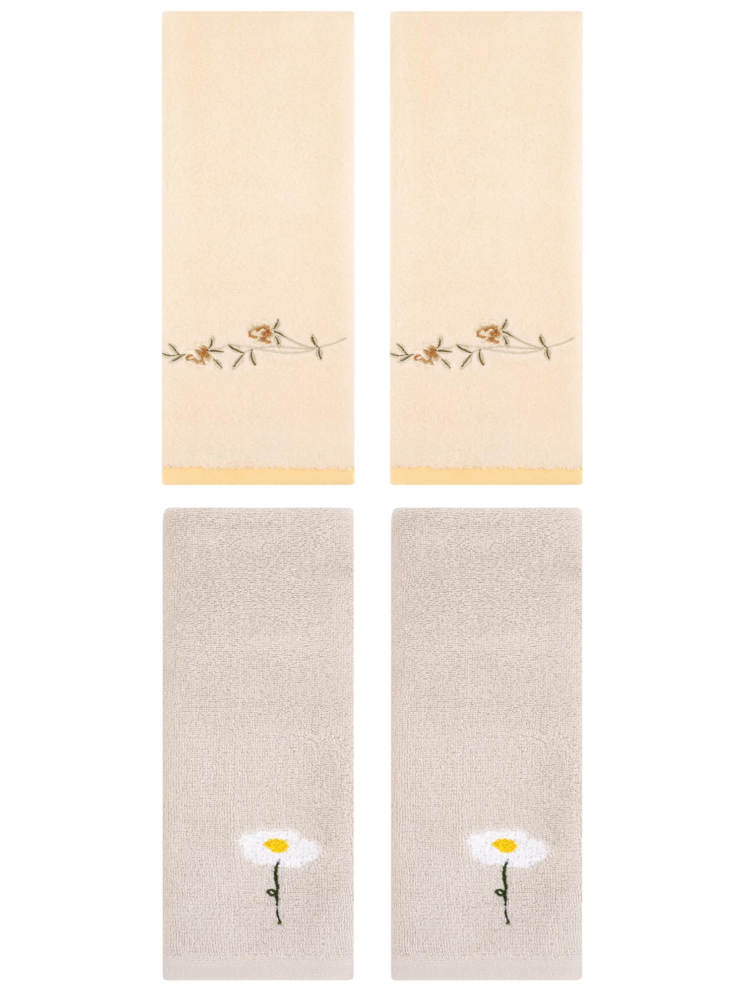 Unique Bargains Floral Cotton Hand Towel 4 Pcs Light Brown/Yellow 13" x 30"/15" x 30"