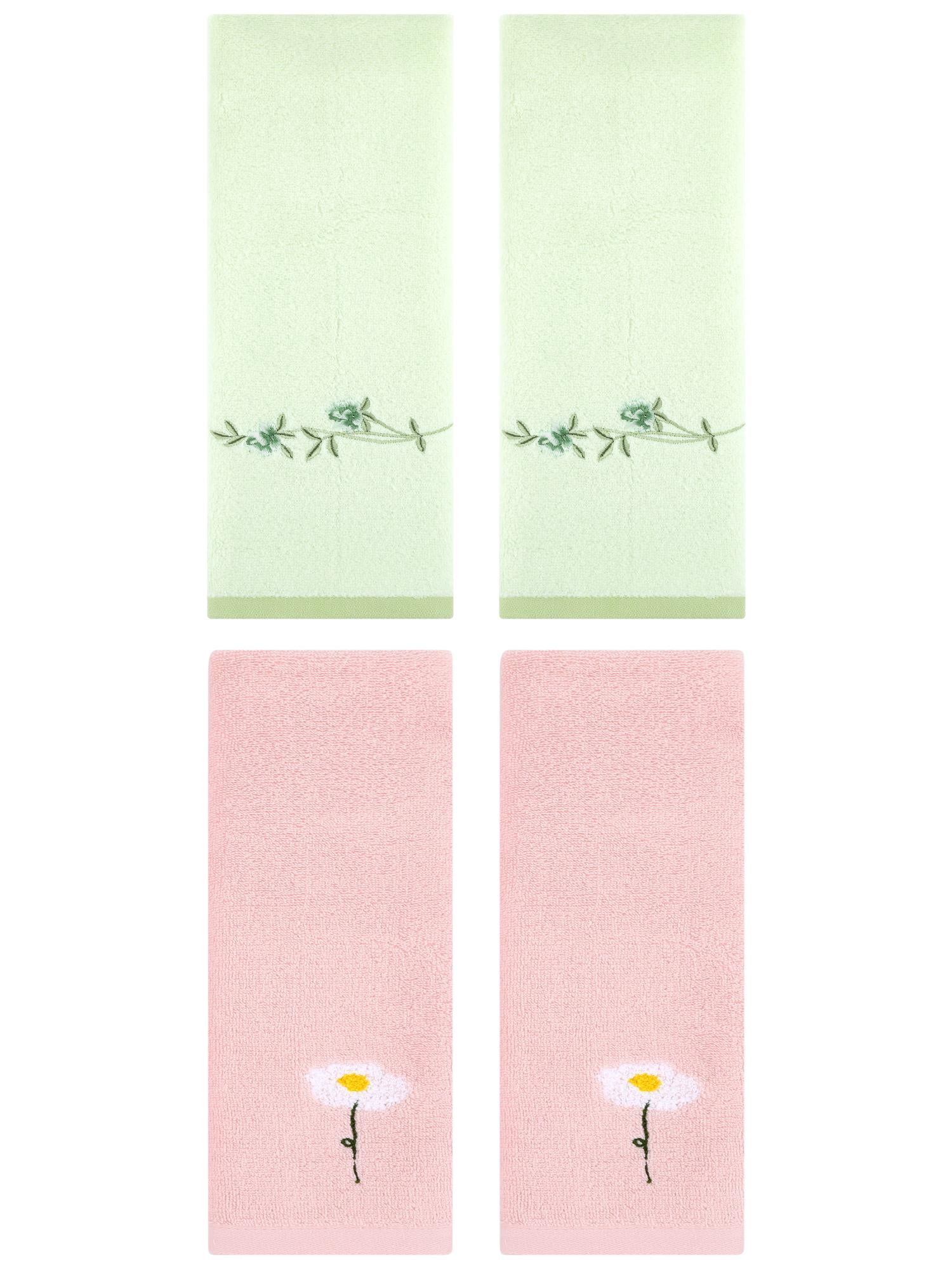 Unique Bargains Floral Cotton Hand Towel 4 Pcs Pink/Green 13" x 30"/15" x 30"