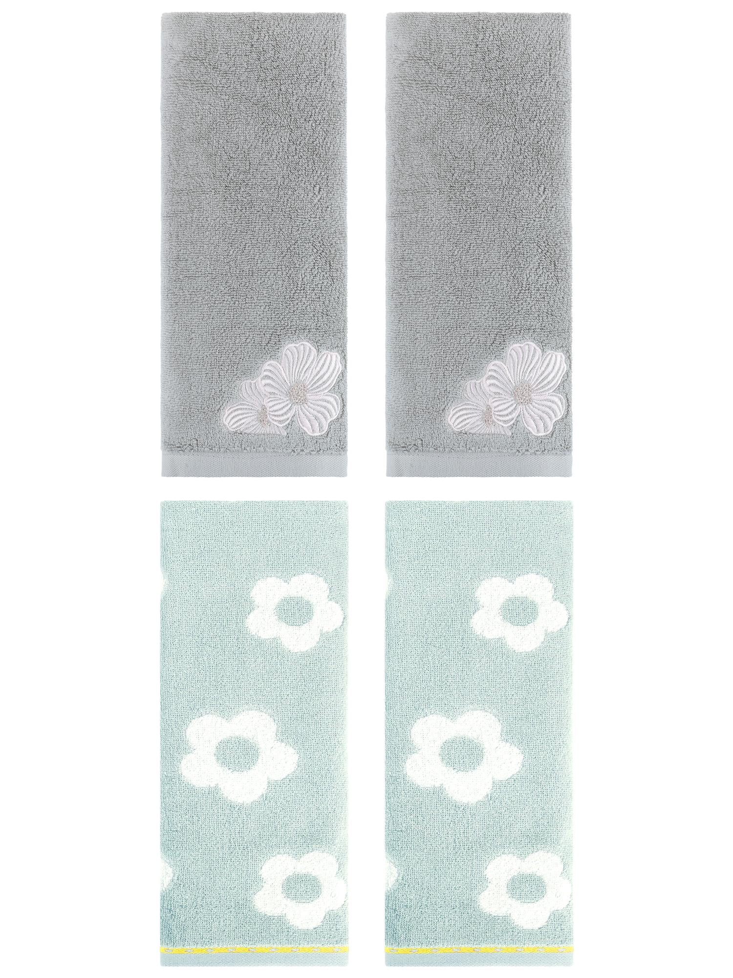 Unique Bargains Floral Cotton Hand Towel Set 4 Pcs Green/Camel 14" x 30"/14" x 31"