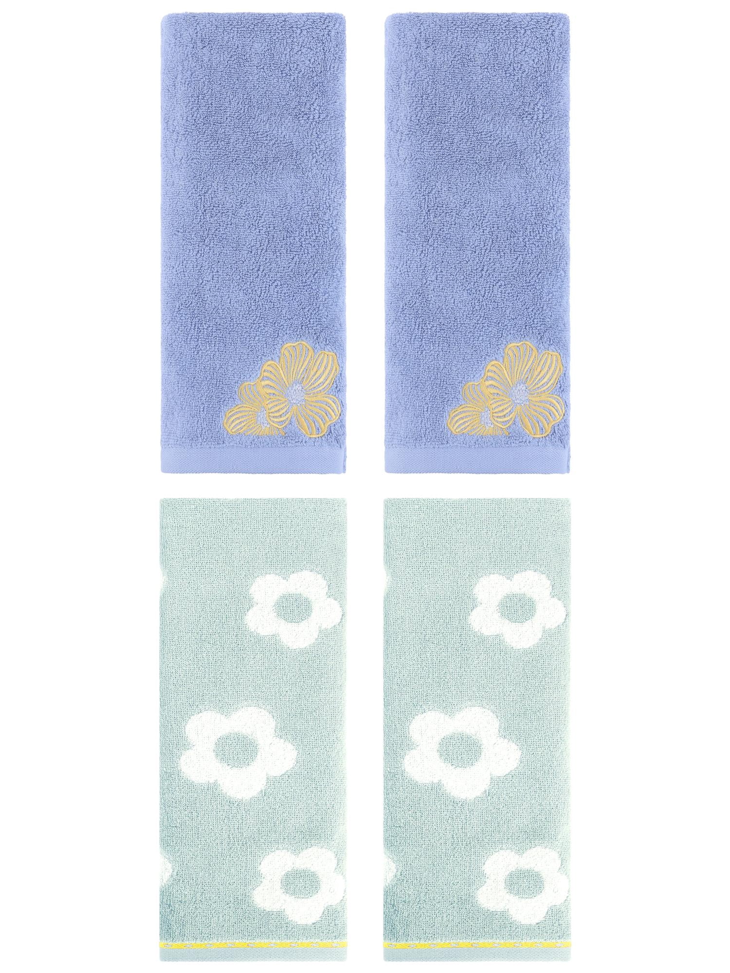 Unique Bargains Floral Cotton Hand Towel Set 4 Pcs Green/Light Grey 14" x 30"/14" x 31"