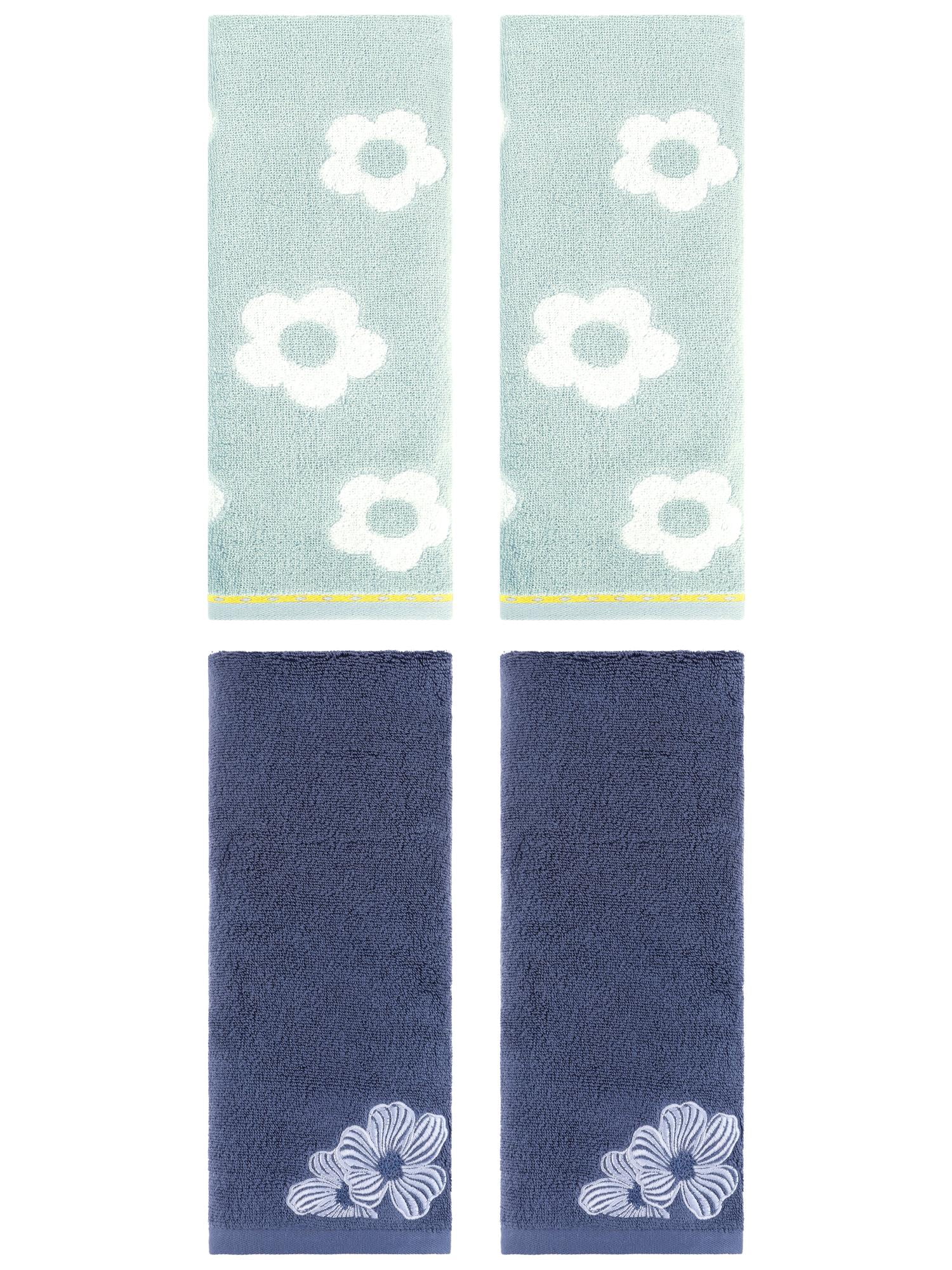 Unique Bargains Floral Cotton Hand Towel Set 4 Pcs Green/Navy Blue 14" x 30"/14" x 31"