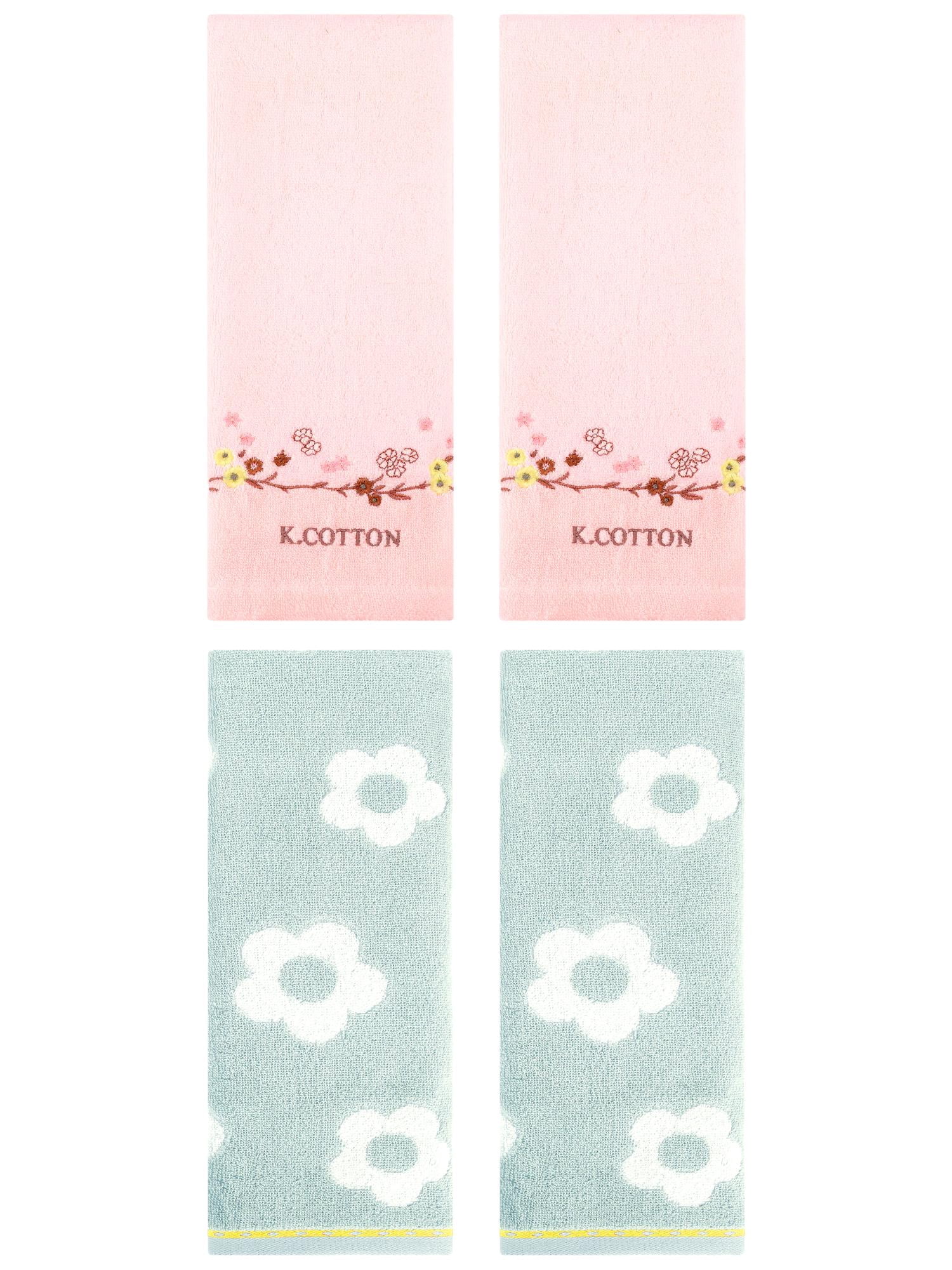 Unique Bargains Floral Cotton Hand Towel Set 4 Pcs Green/Pink 14" x 30"/13" x 29"