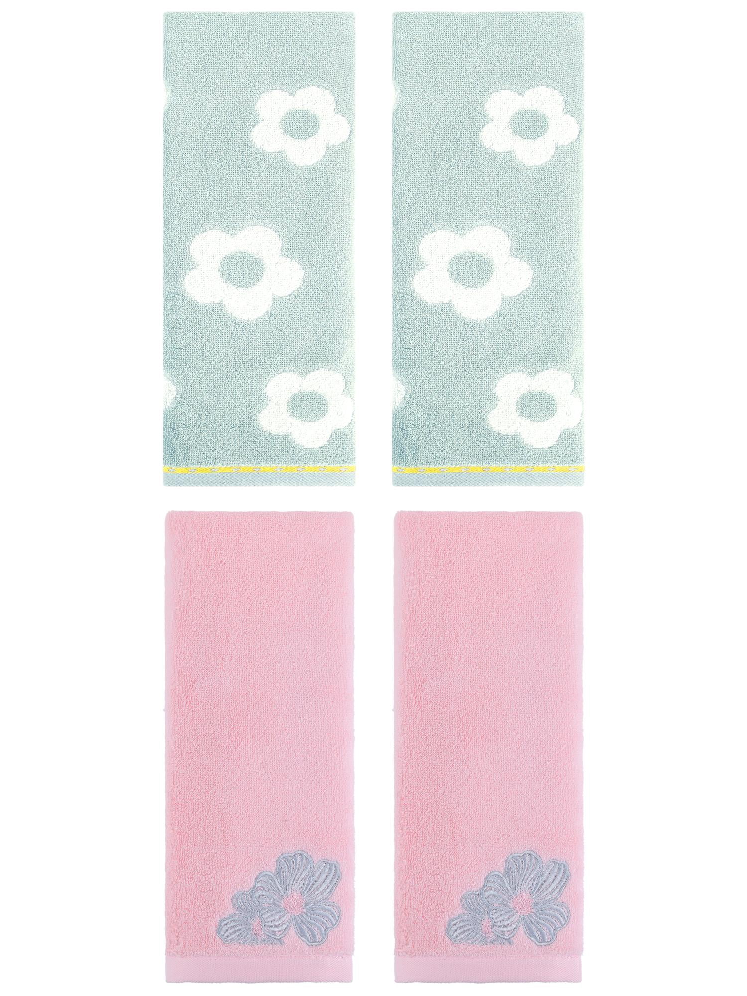 Unique Bargains Floral Cotton Hand Towel Set 4 Pcs Green/Pink 14" x 30"/14" x 31"