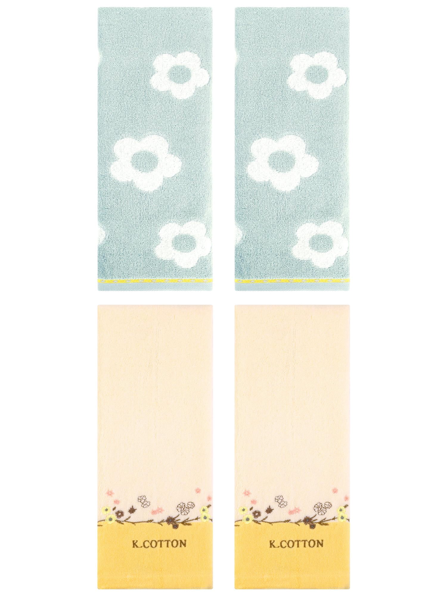 Unique Bargains Floral Cotton Hand Towel Set 4 Pcs Green/Yellow 14" x 30"/13" x 29"