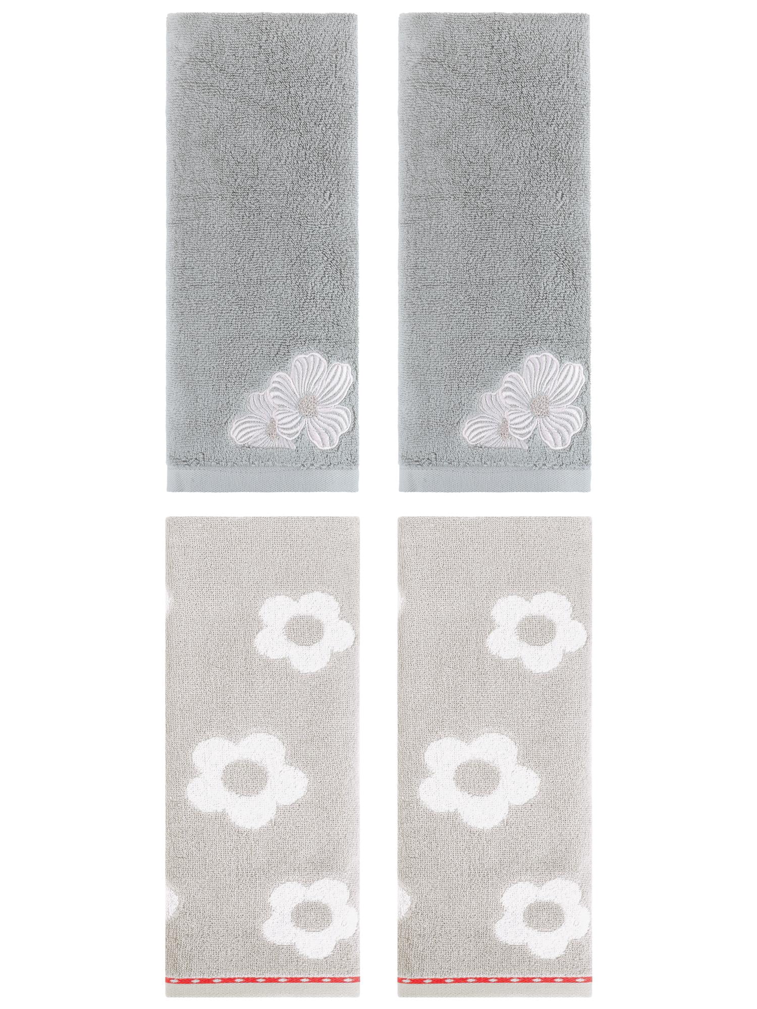Unique Bargains Floral Cotton Hand Towel Set 4 Pcs Grey/Camel 14" x 30"/14" x 31"