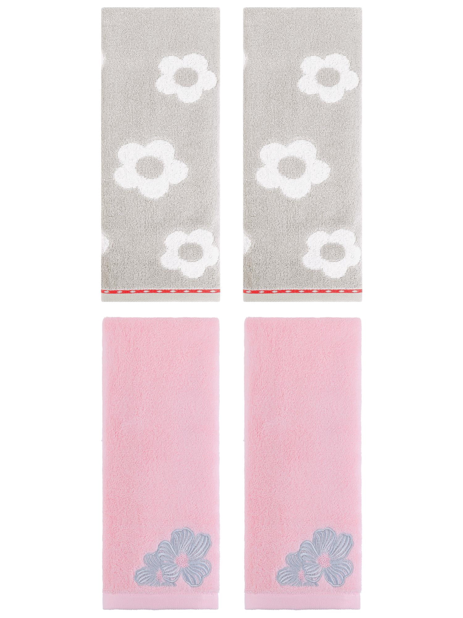 Unique Bargains Floral Cotton Hand Towel Set 4 Pcs Grey/Pink 14" x 30"/14" x 31"