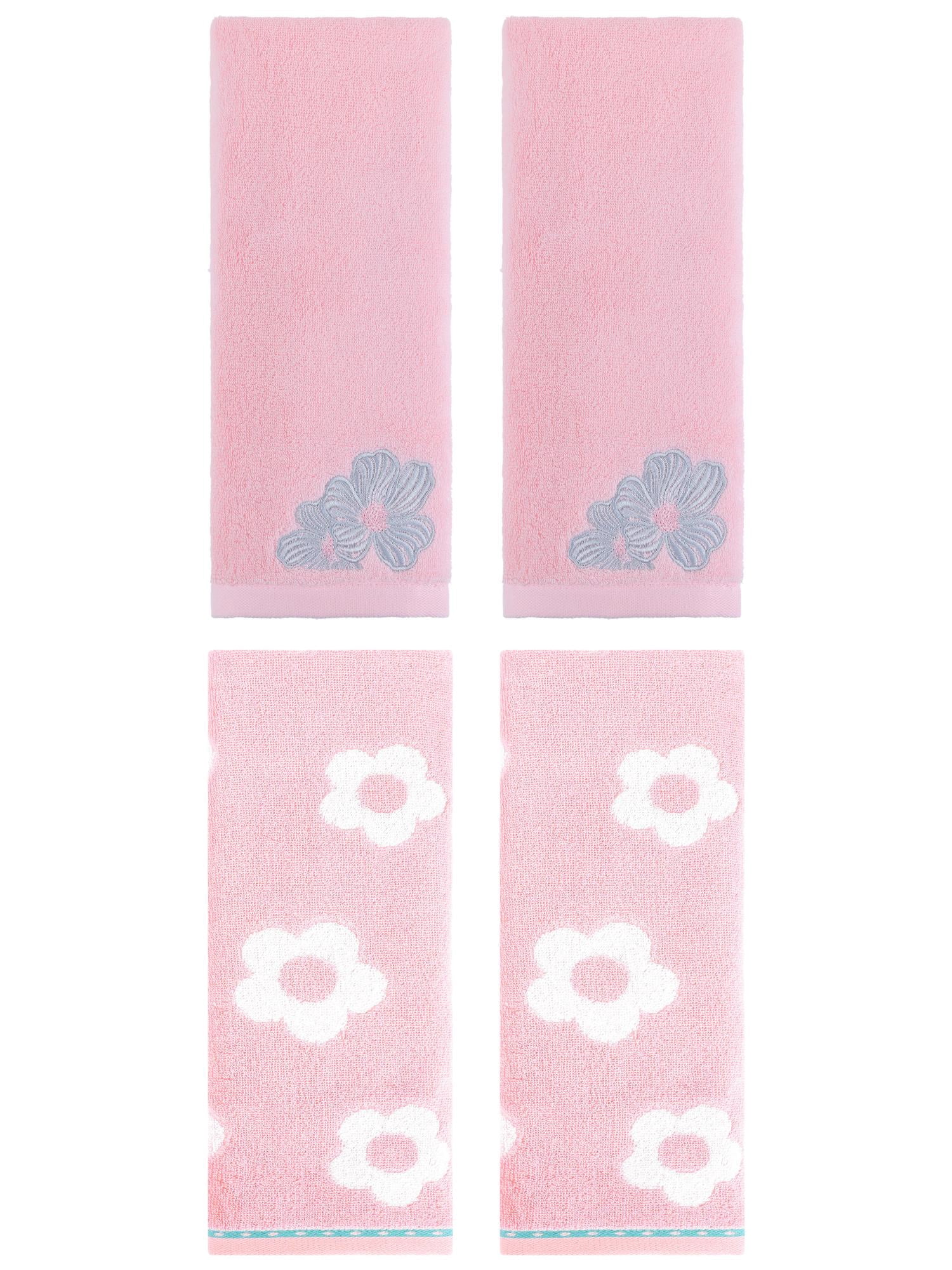 Unique Bargains Floral Cotton Hand Towel Set 4 Pcs Pink 14" x 30"/14" x 31"