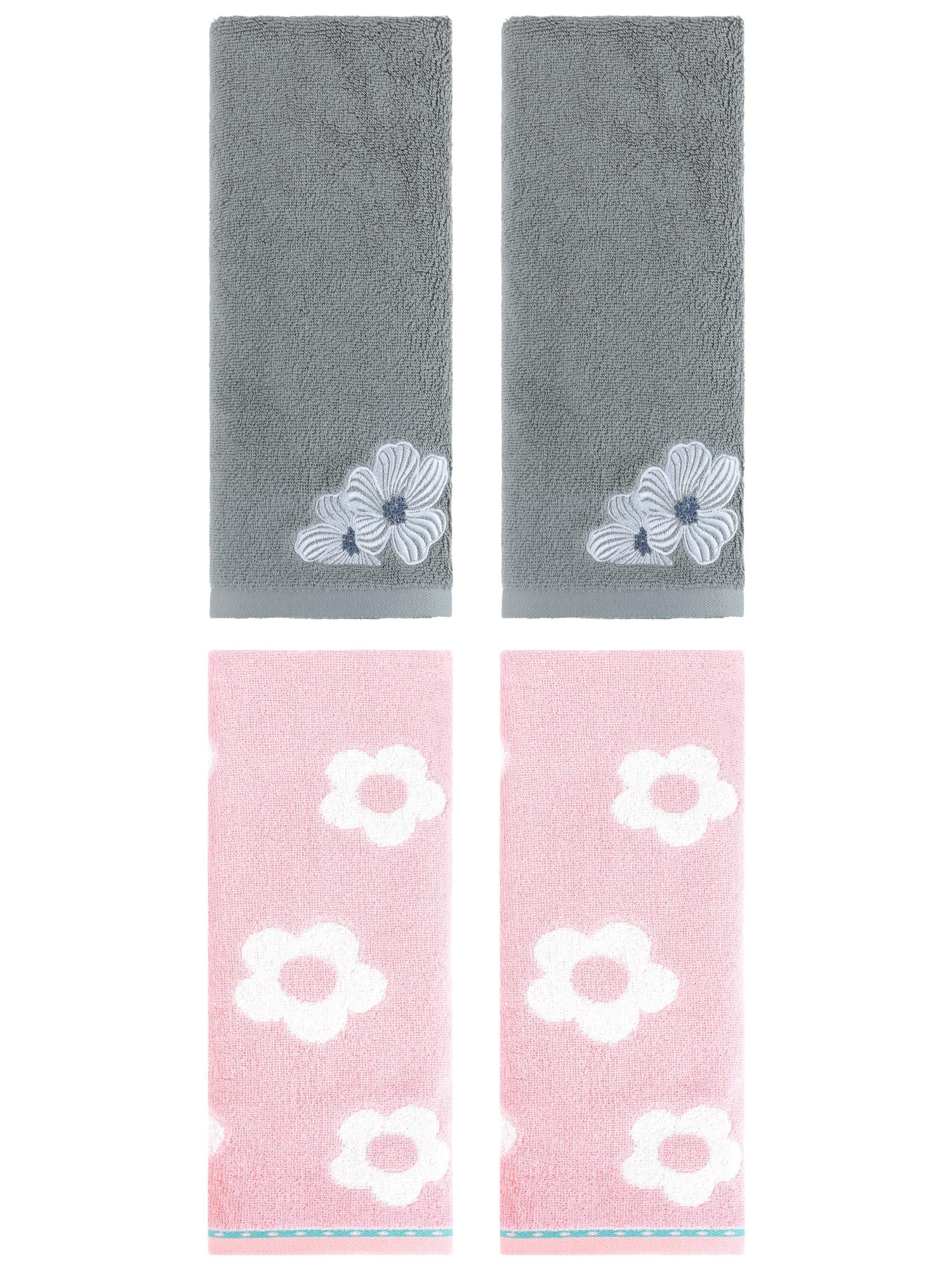 Unique Bargains Floral Cotton Hand Towel Set 4 Pcs Pink/Khaki 14" x 30"/14" x 31"