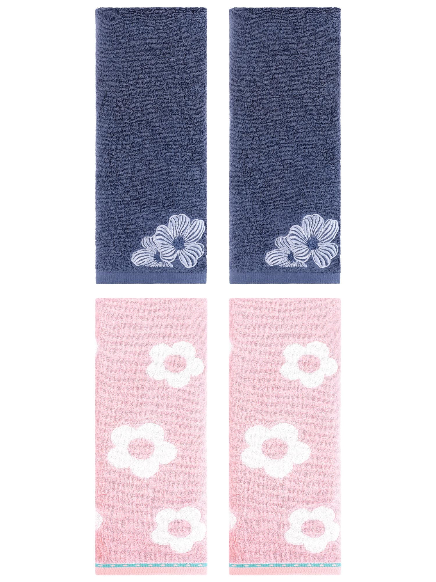 Unique Bargains Floral Cotton Hand Towel Set 4 Pcs Pink/Navy Blue 14" x 30"/14" x 31"