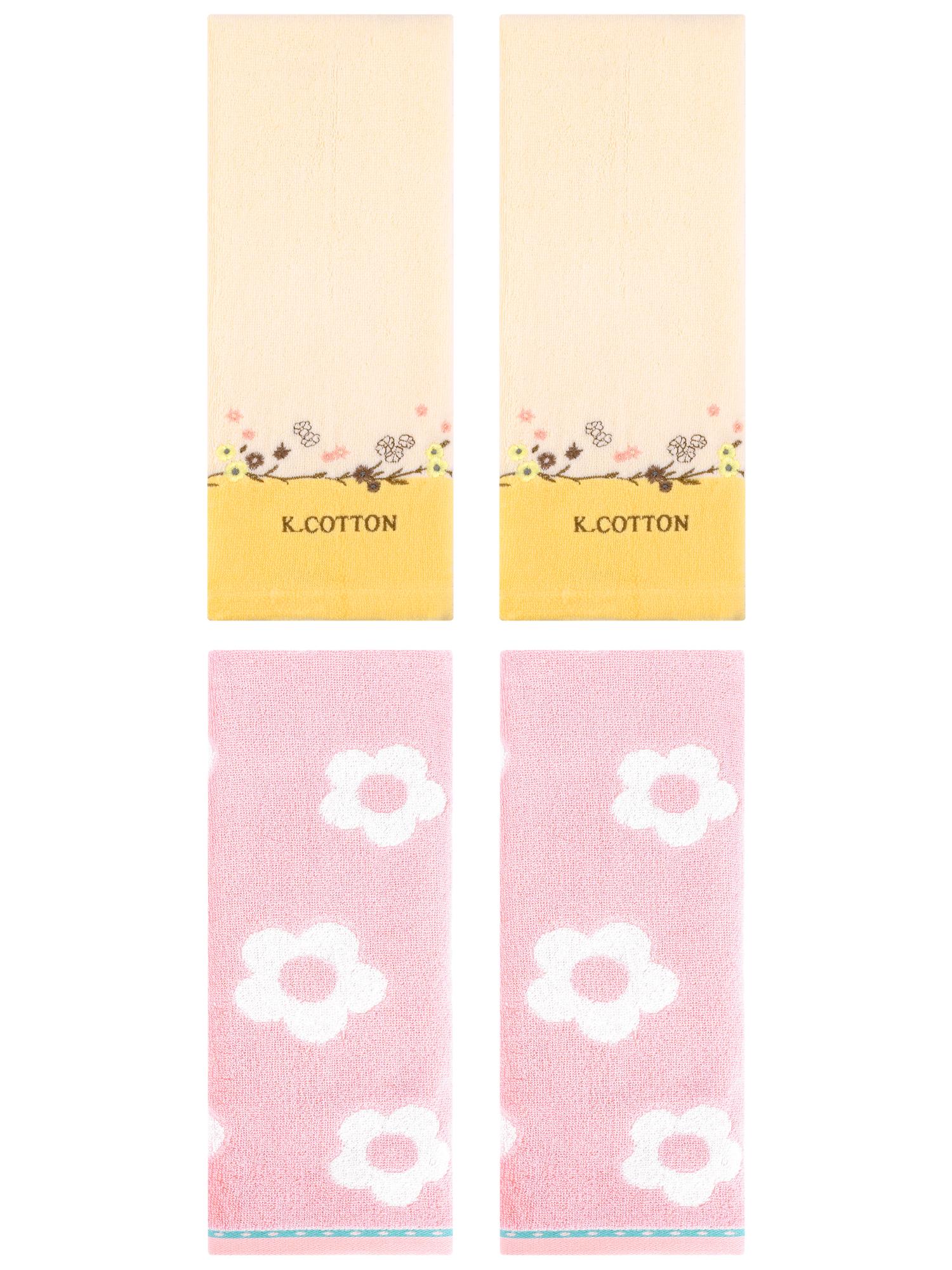 Unique Bargains Floral Cotton Hand Towel Set 4 Pcs Pink/Yellow 14" x 30"/13" x 29"