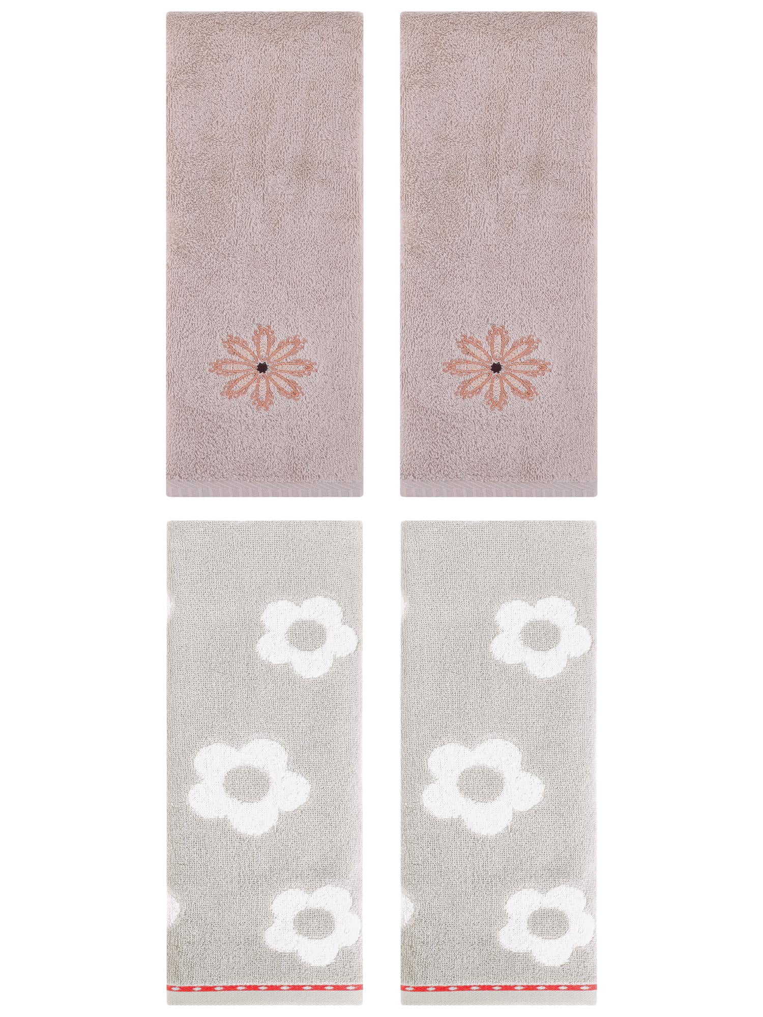 Unique Bargains Floral Cotton Soft Hand Towel 4 Pcs Grey/Camel 14" x 30"/13" x 30"