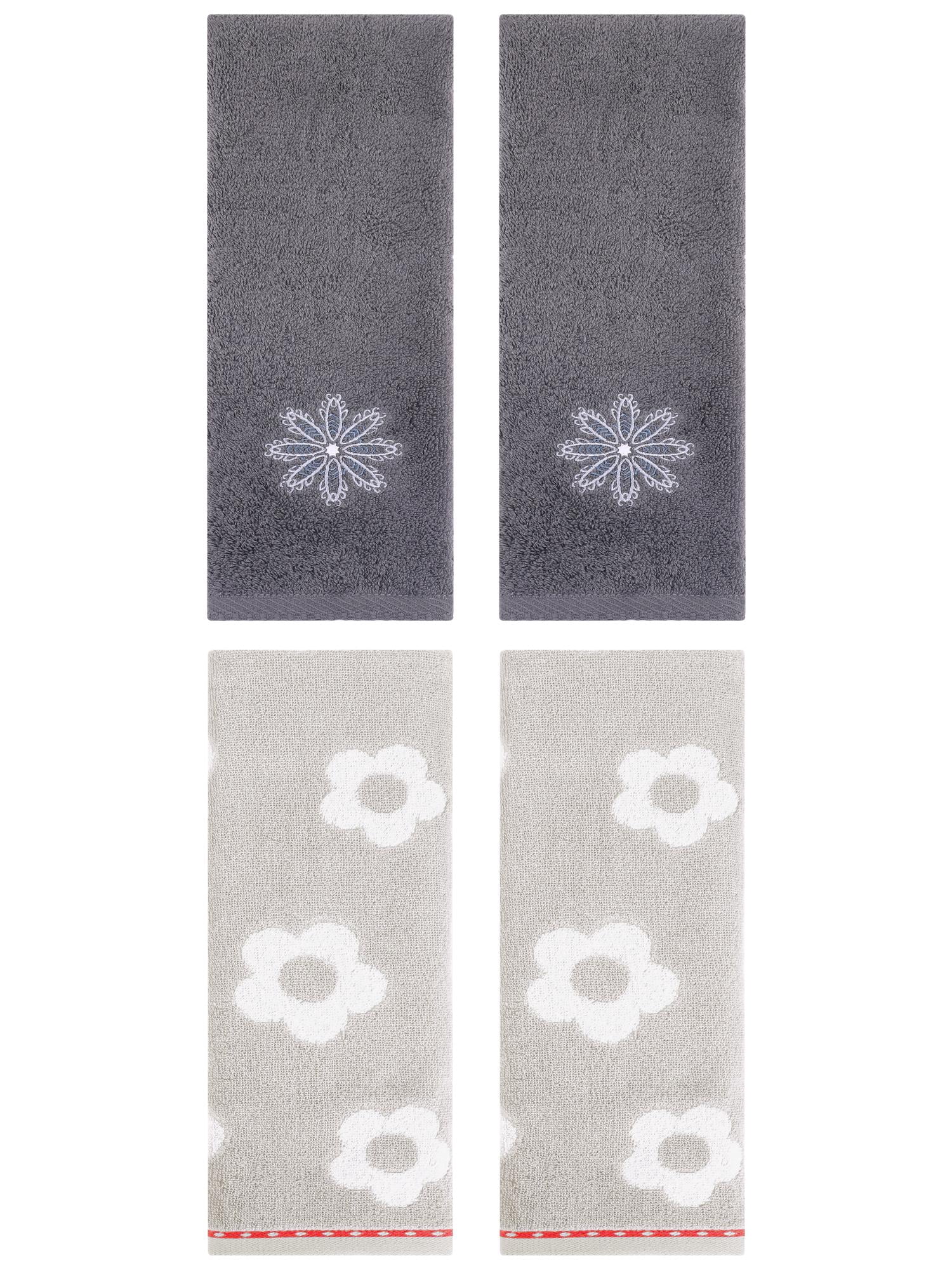 Unique Bargains Floral Cotton Soft Hand Towel 4 Pcs Grey/Dark Grey 14" x 30"/13" x 30"