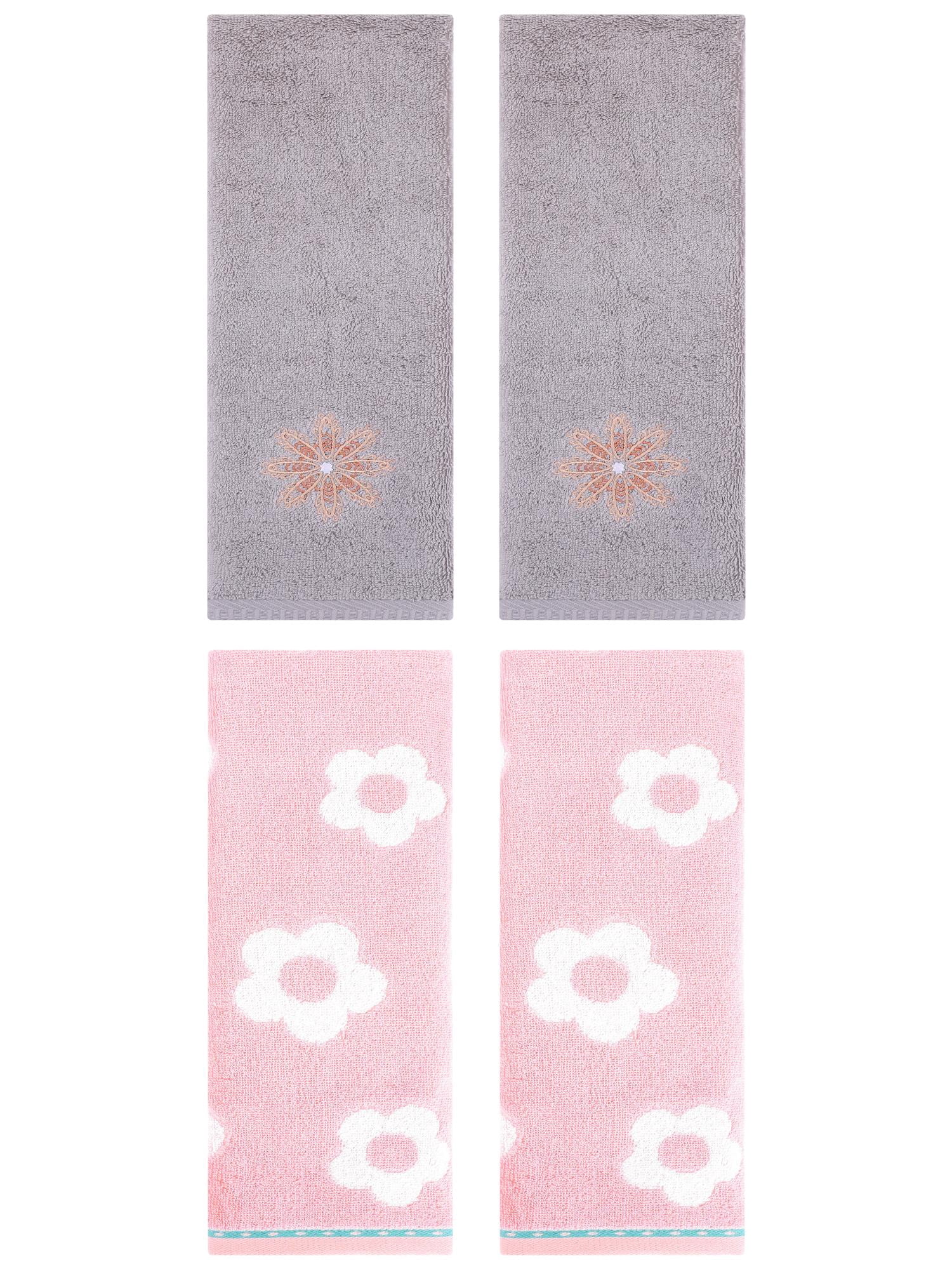 Unique Bargains Floral Cotton Soft Hand Towel 4 Pcs Pink/Light Grey 14" x 30"/13" x 30"