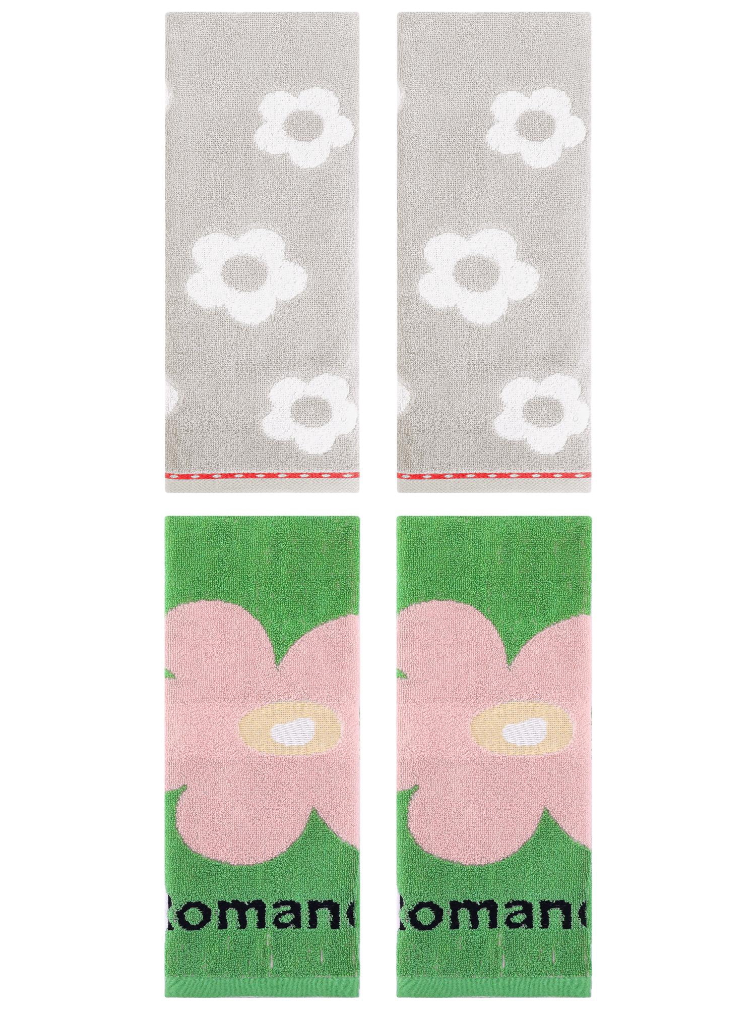 Unique Bargains Floral Cotton Soft Hand Towel Set 4 Pcs Grey/Green 14" x 30"/13" x 30"