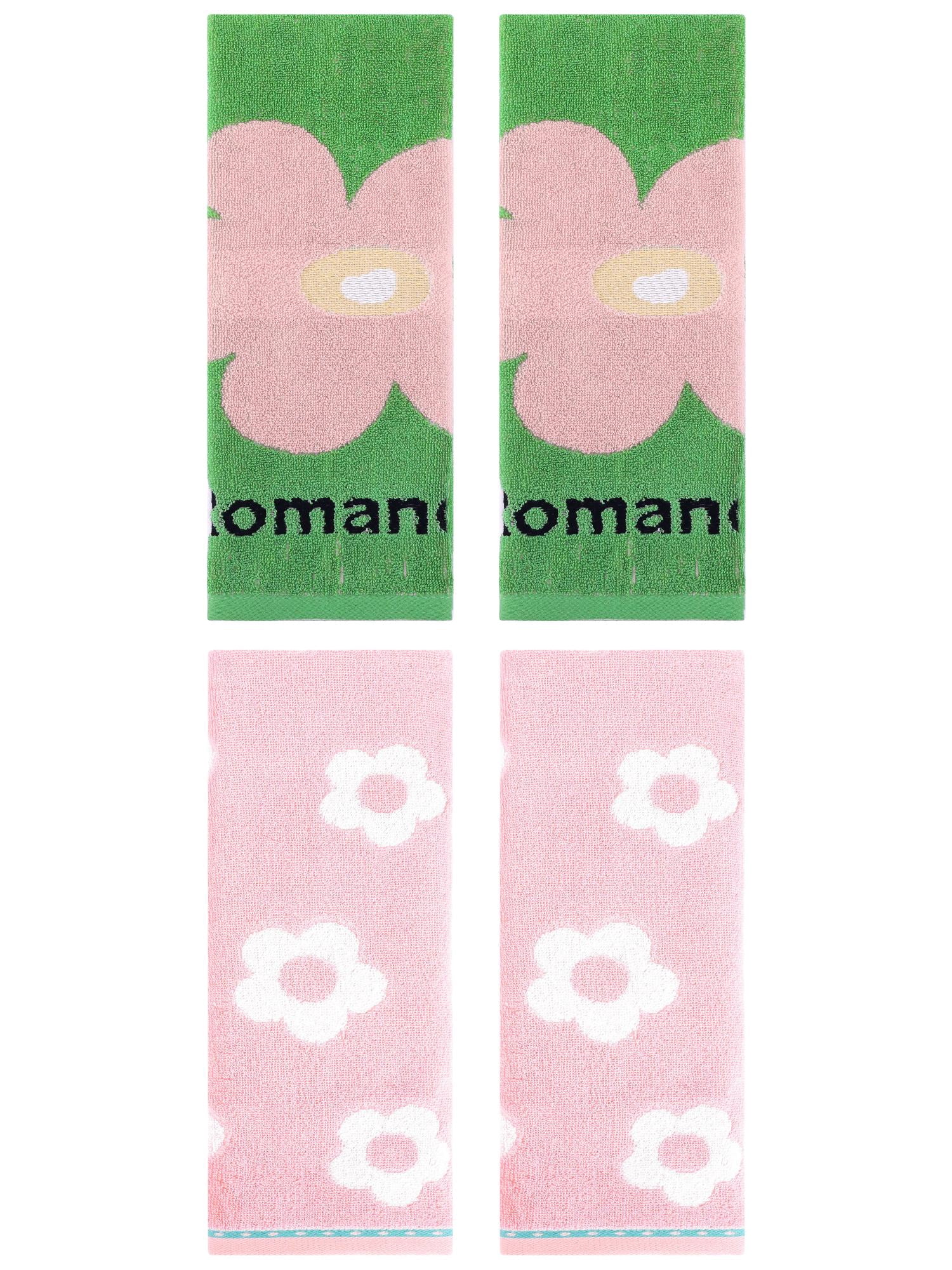 Unique Bargains Floral Cotton Soft Hand Towel Set 4 Pcs Pink/Green 14" x 30"/13" x 30"