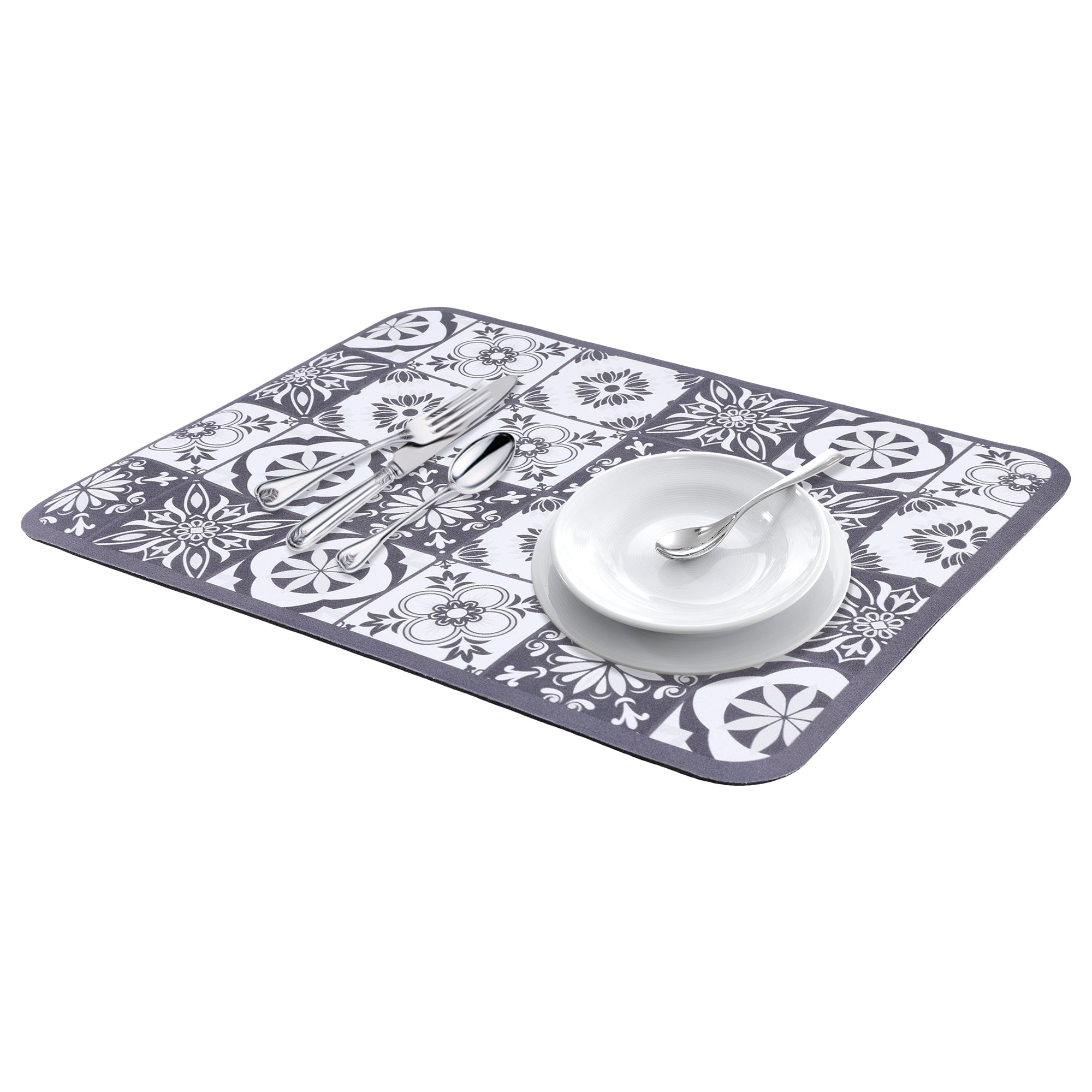 Unique Bargains Floral Design Dish Drying Mat for Dishes and Cups Grey 15.7*11.8 inch