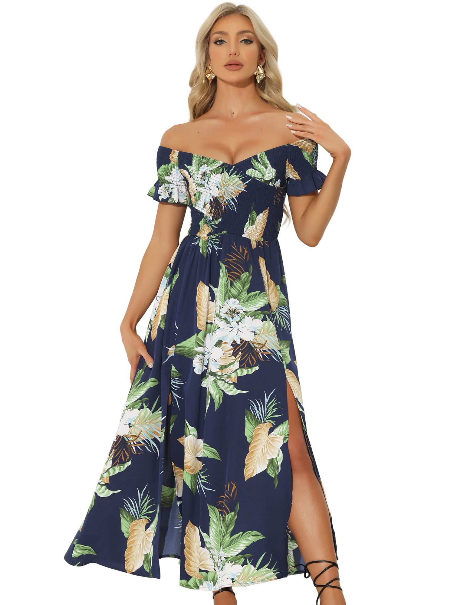 Women's Black Blue Floral Midi Dress | Sleeveless Ruffle Straps | Elegant Casual & Summer Wear