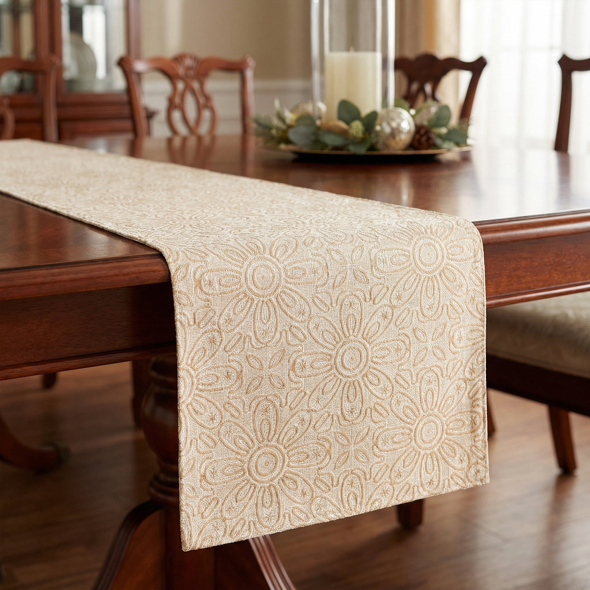 Unique Bargains Floral Elegant Polyester Kitchen Runner for Table Decor Beige 13.8"x106.3"