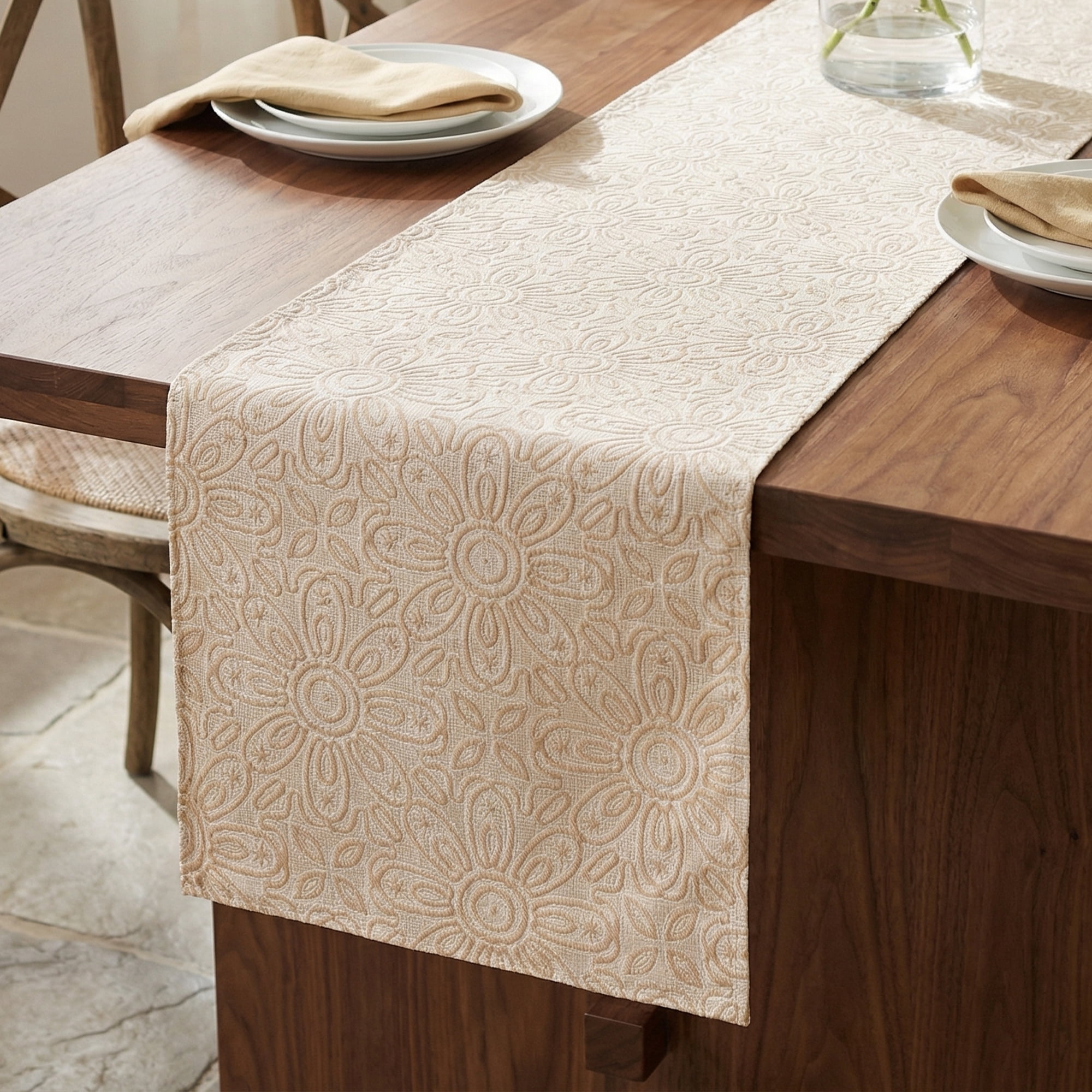 Unique Bargains Floral Elegant Polyester Kitchen Runner for Table Decor Beige 13.8"x63"