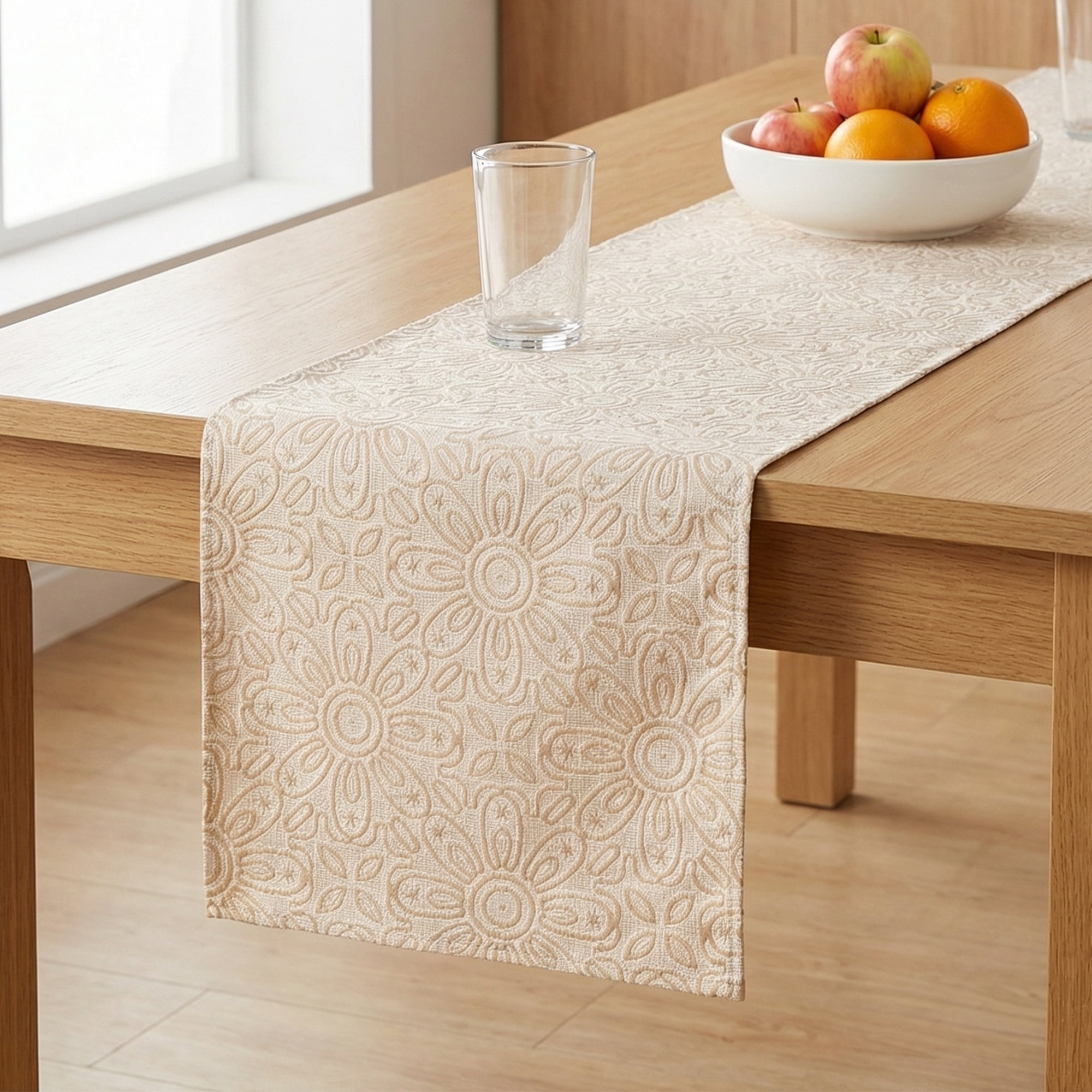 Unique Bargains Floral Elegant Polyester Kitchen Runner for Table Decor Beige 13.8"x70.9"