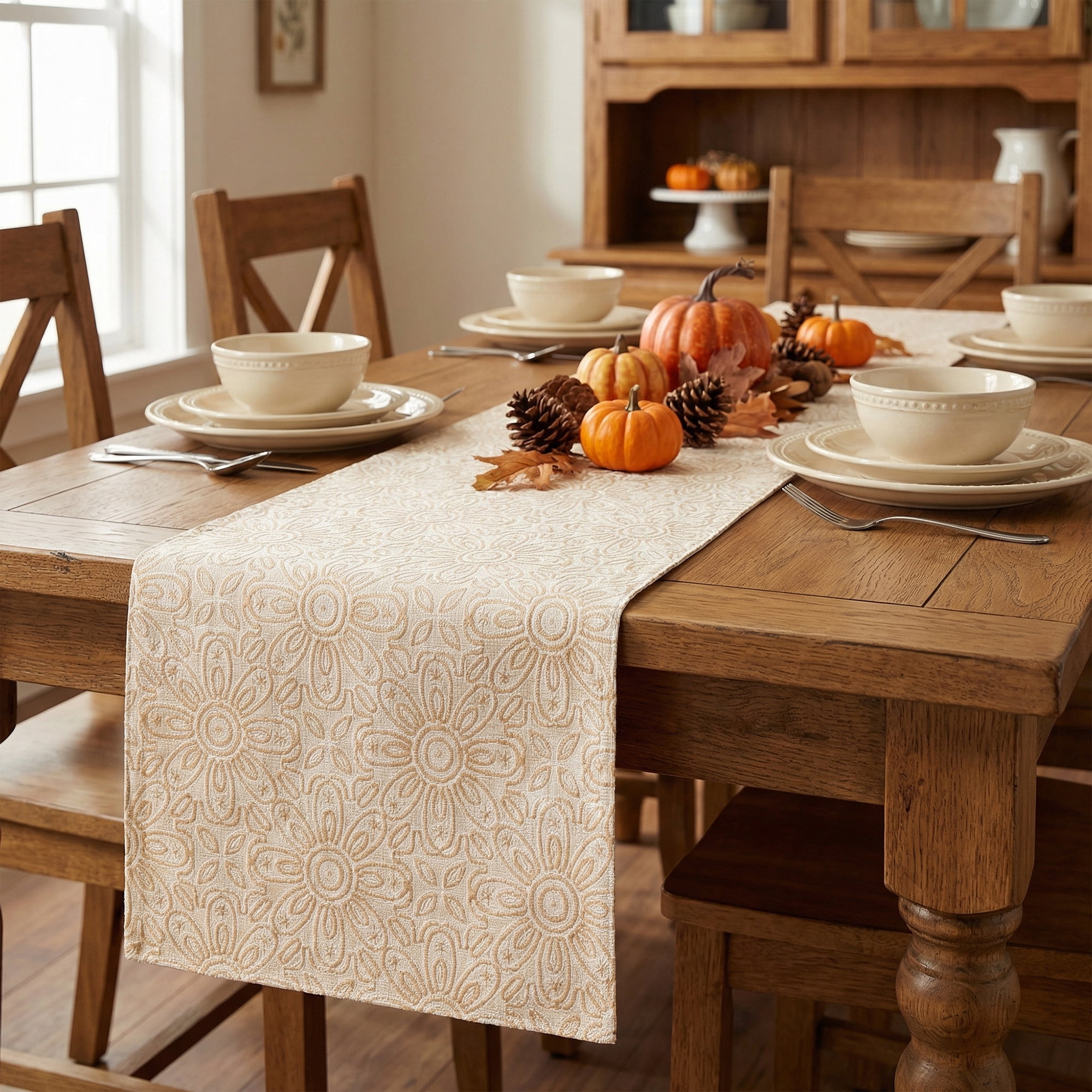 Unique Bargains Floral Elegant Polyester Kitchen Runner for Table Decor Beige 13.8"x94.5"