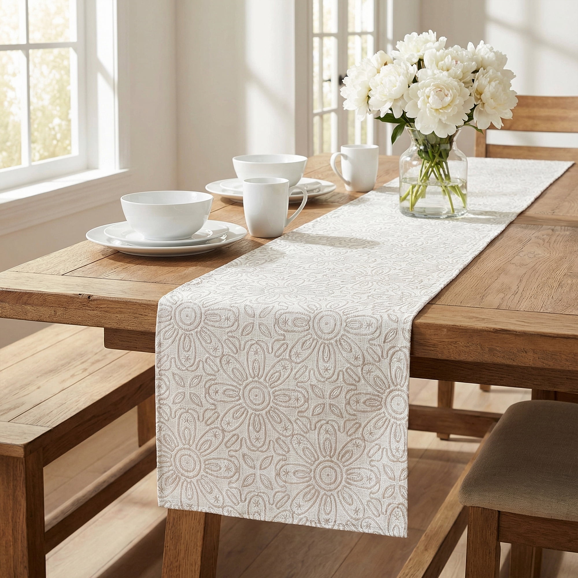 Unique Bargains Floral Elegant Polyester Kitchen Runner for Table Decor Gray 13.8"x106.3"
