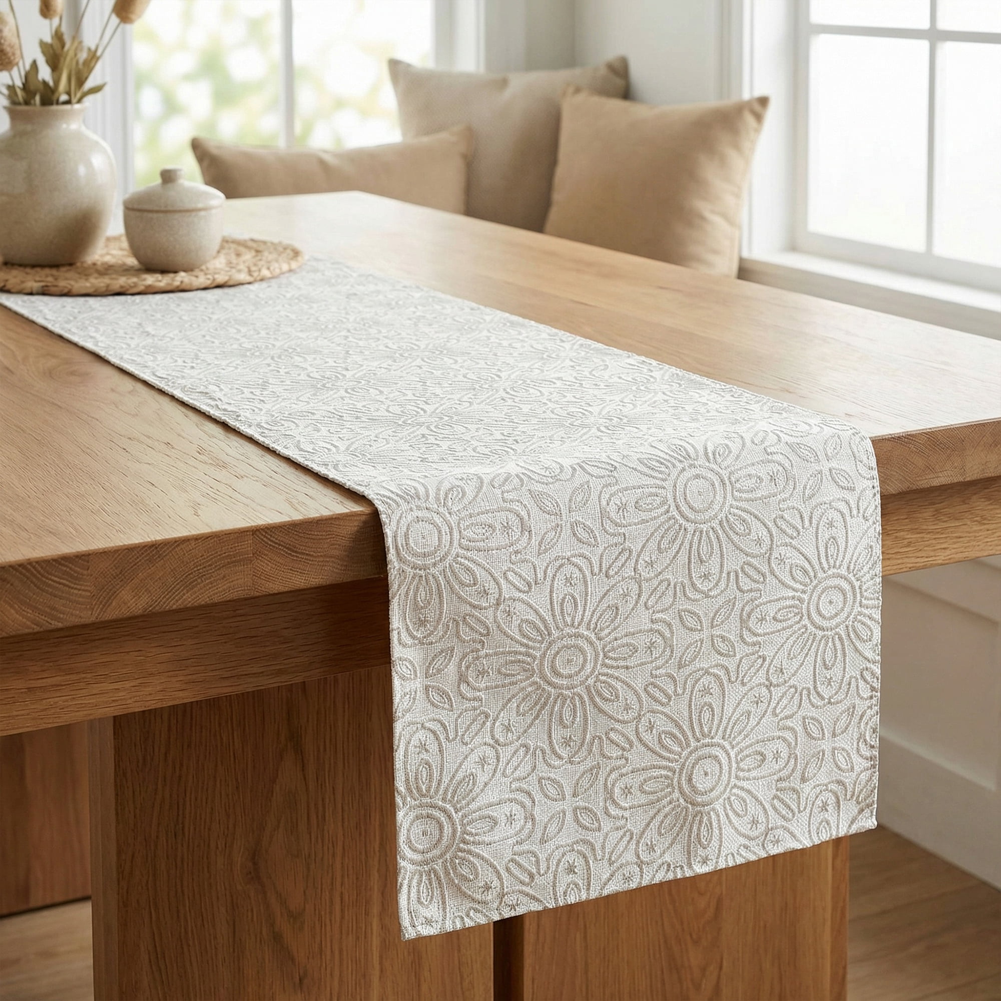 Unique Bargains Floral Elegant Polyester Kitchen Runner for Table Decor Gray 13.8"x63"