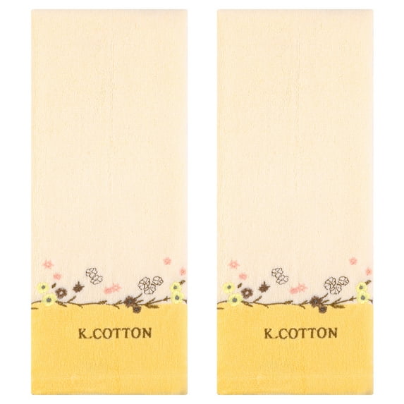 Unique Bargains Floral Embroidered Cotton Bathroom Hand Towels Yellow 2-Piece