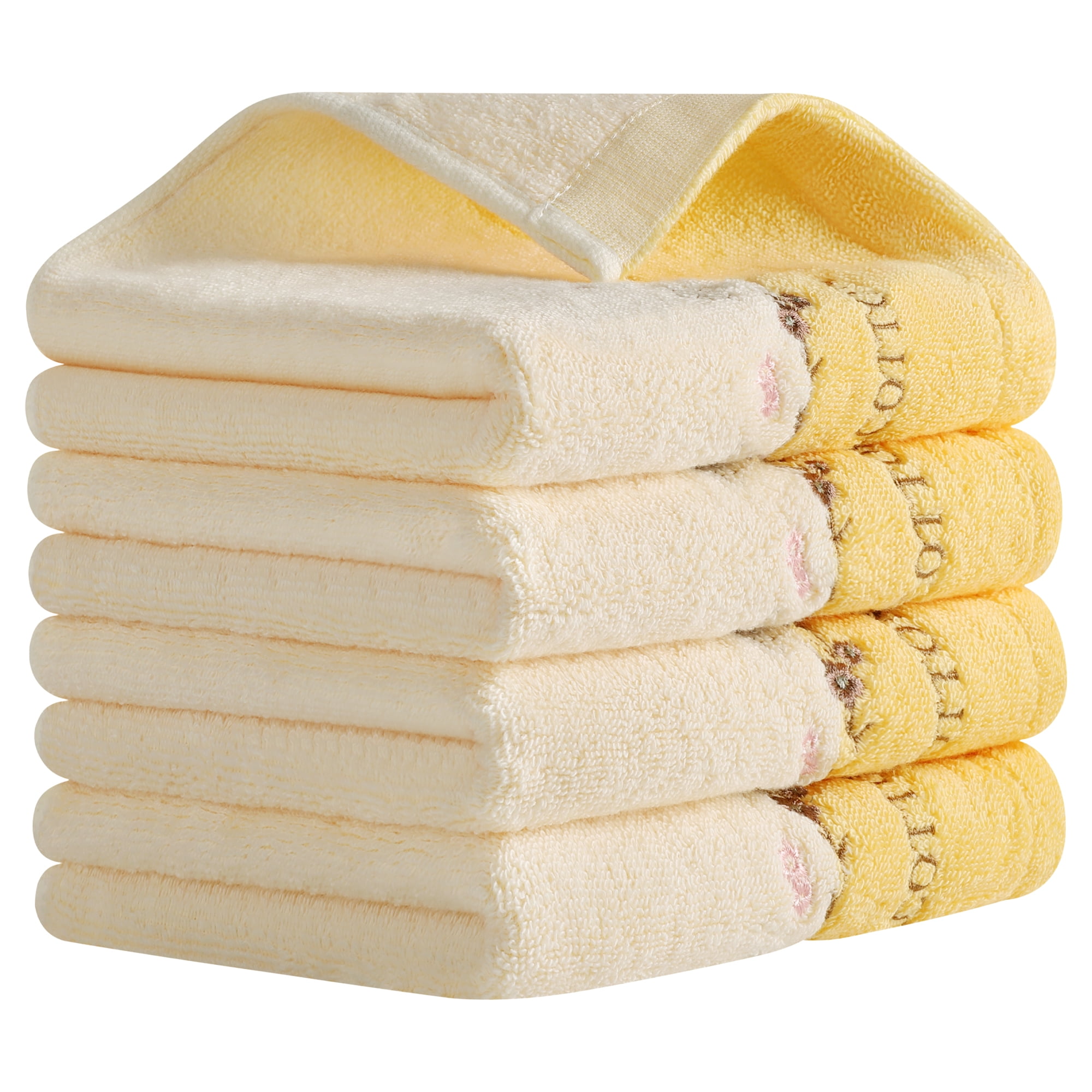 Unique Bargains Floral Embroidered Cotton Bathroom Hand Towels Yellow 4-Piece