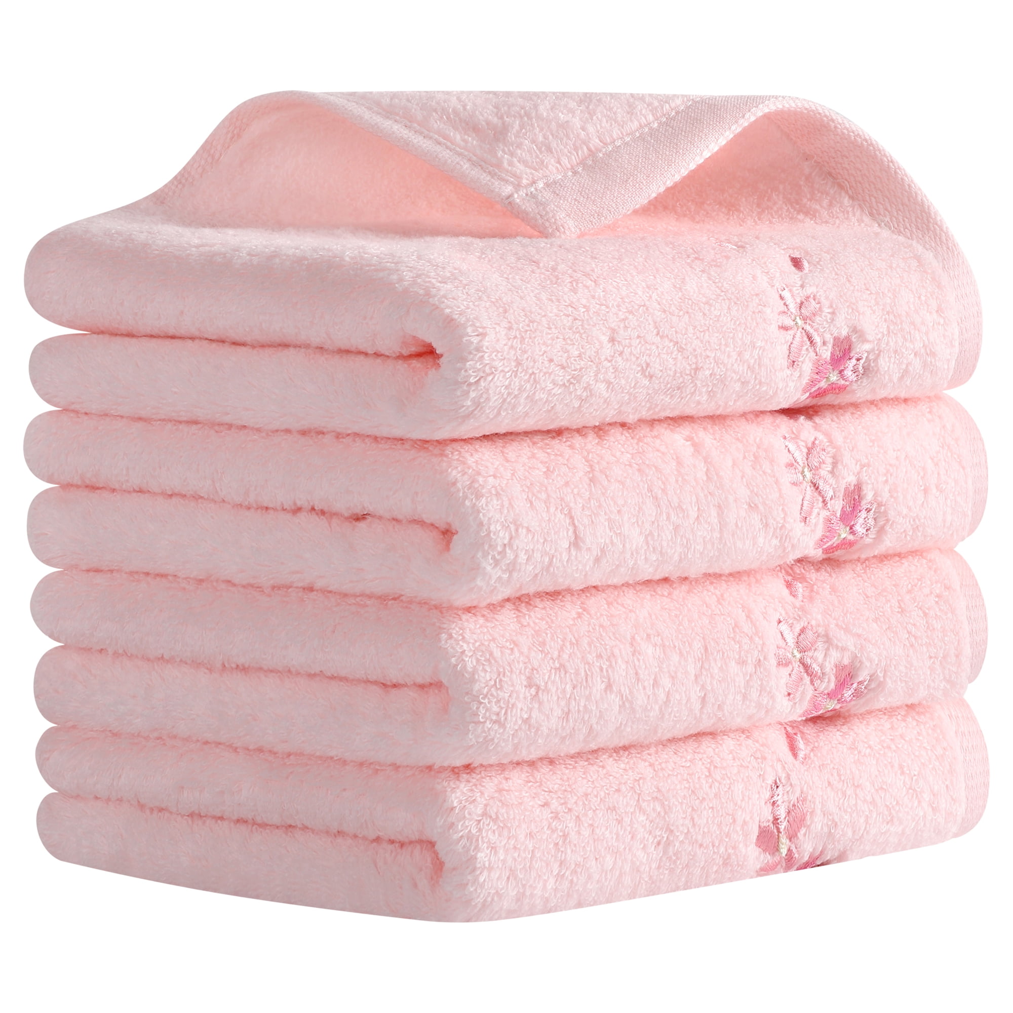 Unique Bargains Floral Embroidered Cotton Hand Towels Home Decor Pink 4-Pieces