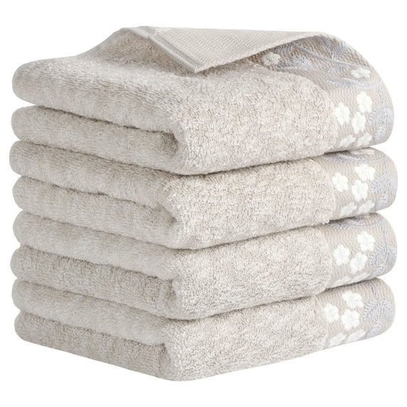 Unique Bargains Floral Embroidered Hand Towels Set for Bath, Kitchen Light Brown 4-Piece
