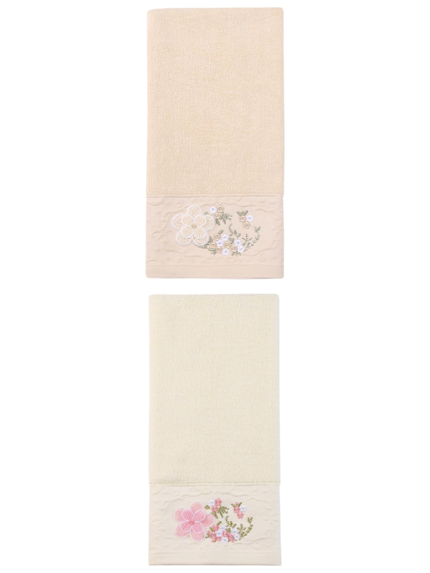 Unique Bargains Floral Embroidered Hand Towels Soft Absorbent Set White/Brown 29" x 13"