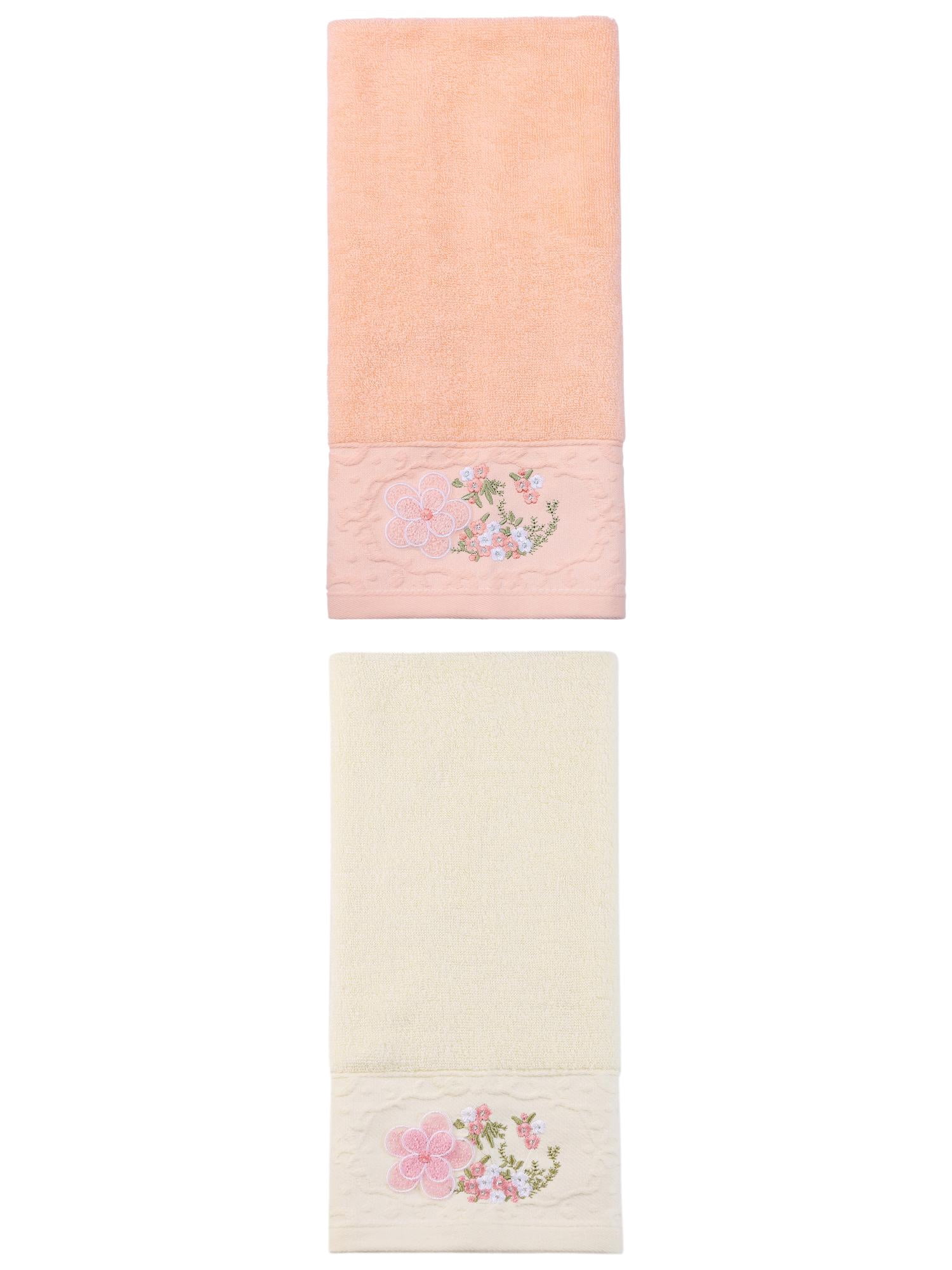 Unique Bargains Floral Embroidered Hand Towels Soft Absorbent Set White/Pink 29" x 13"