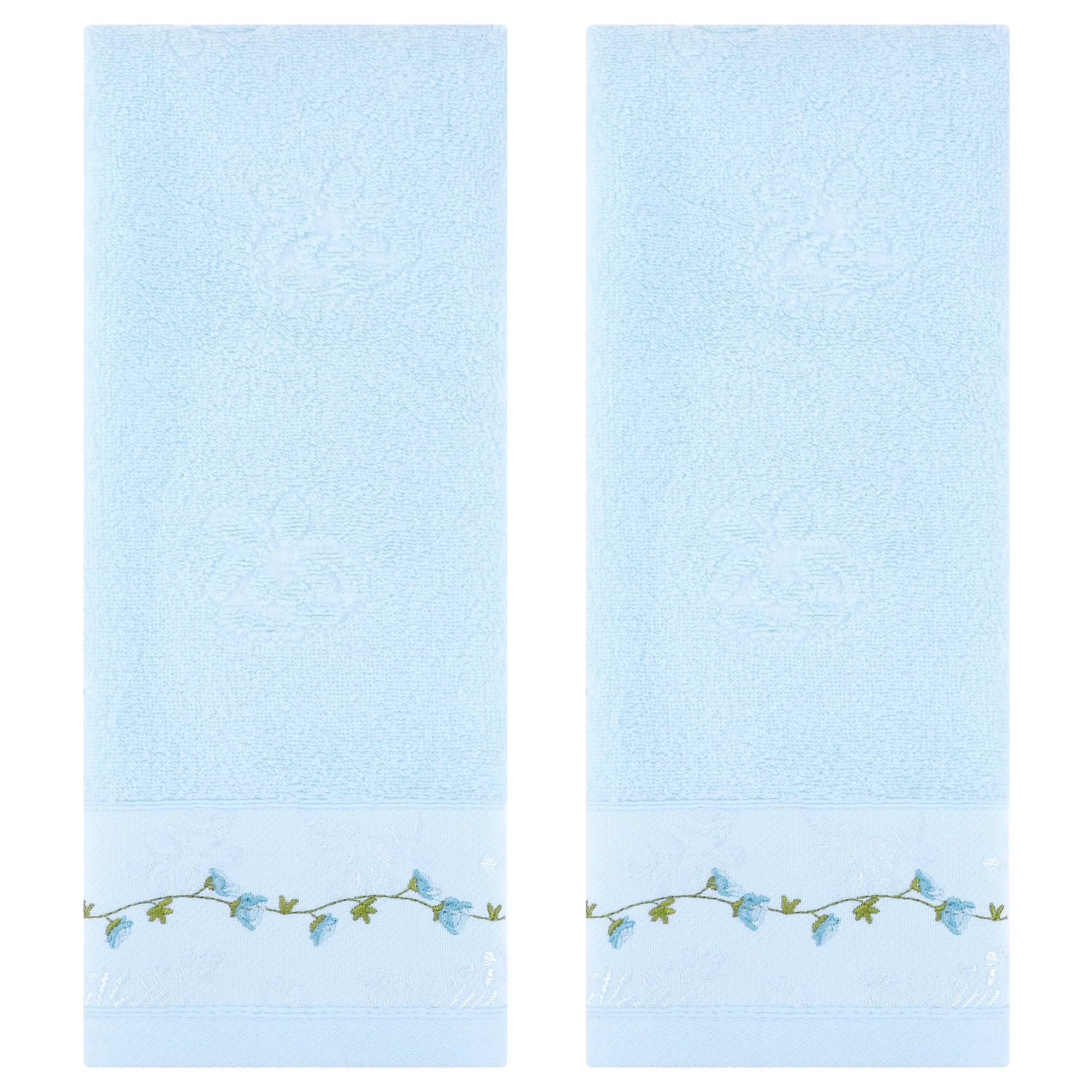 Unique Bargains Floral Embroidered Soft Absorbent Hand Towels Blue 2-Piece