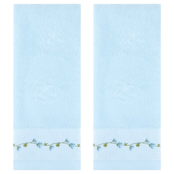 Unique Bargains Floral Embroidered Soft Absorbent Hand Towels Blue 2-Piece