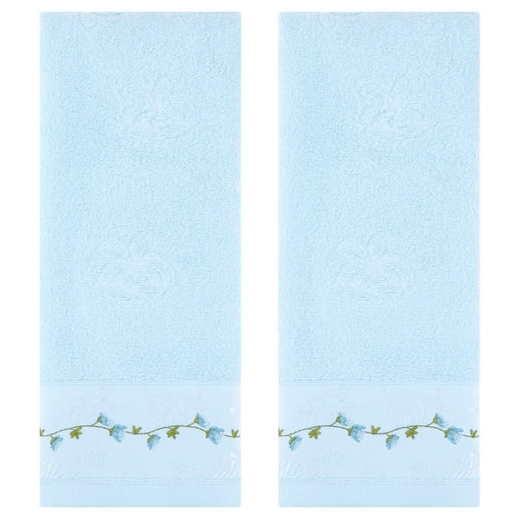 Unique Bargains Floral Embroidered Soft Absorbent Hand Towels Blue 2-Piece