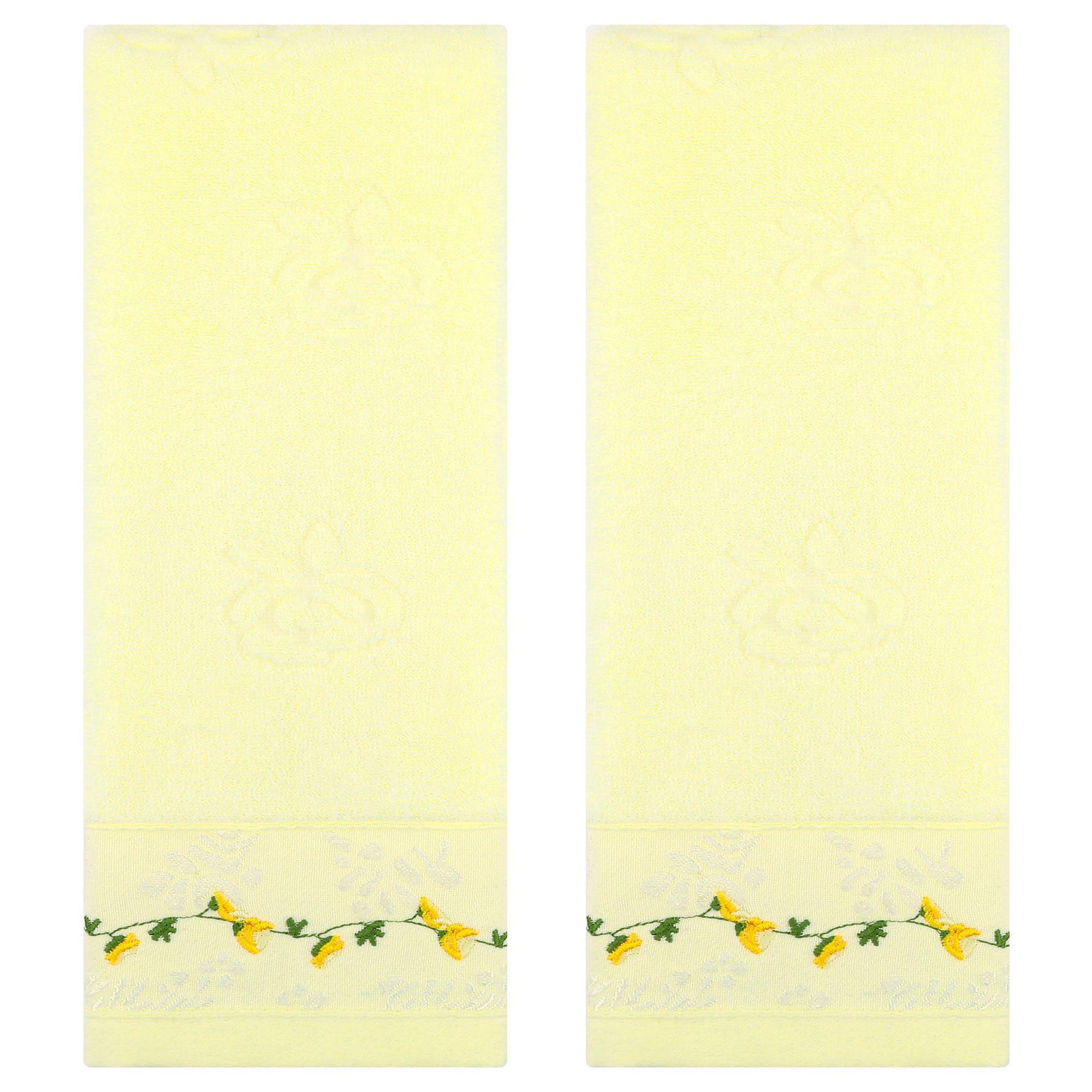 Unique Bargains Floral Embroidered Soft Absorbent Hand Towels Light Yellow 2-Piece