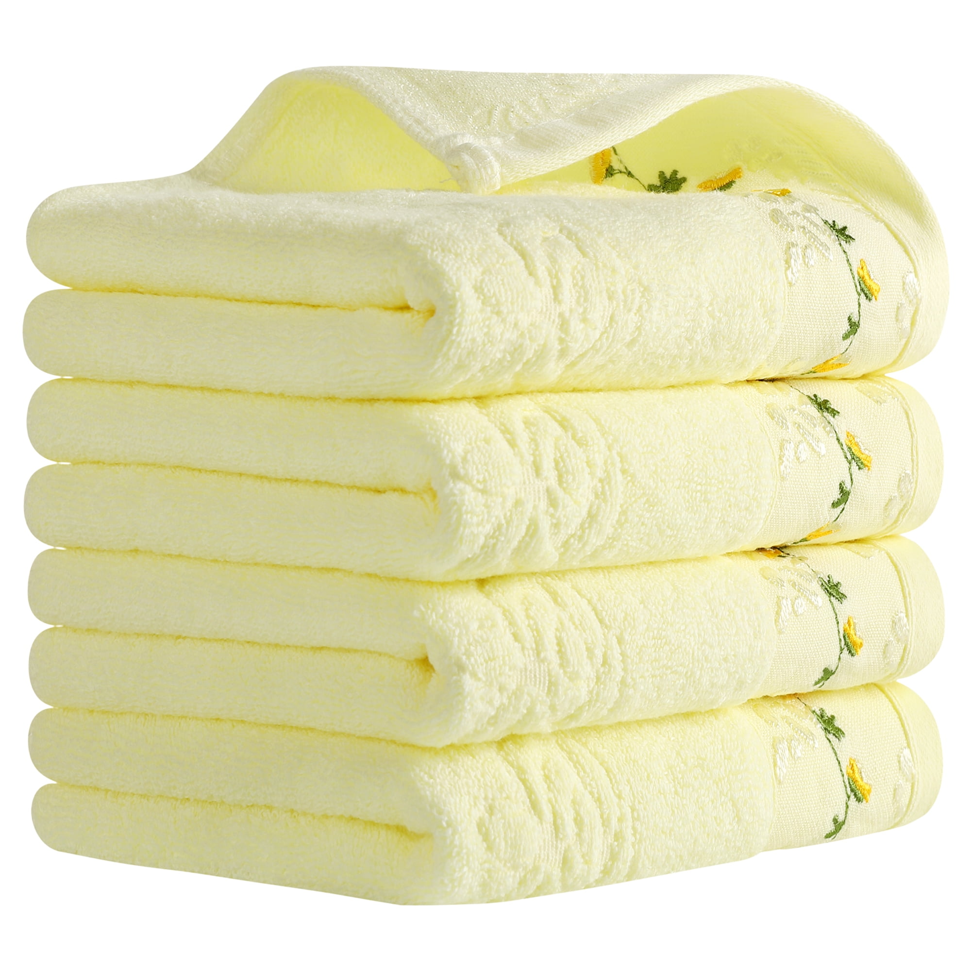 Unique Bargains Floral Embroidered Soft Absorbent Hand Towels Light Yellow 4-Piece