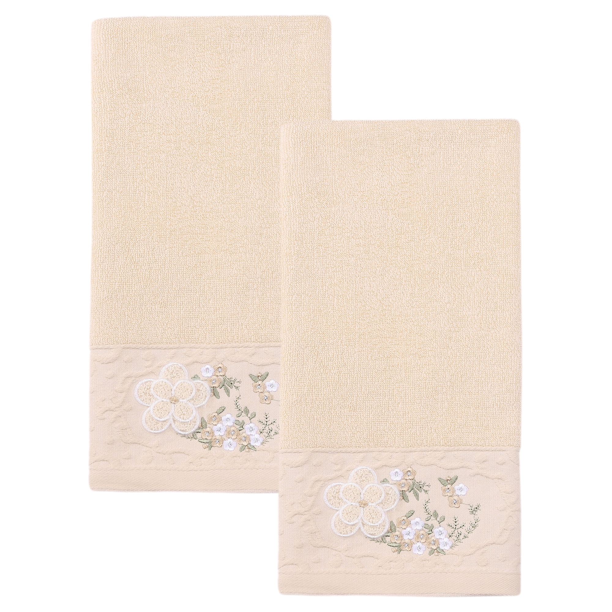 Unique Bargains Floral Embroidered Soft Absorbent Set Hand Towels Light Brown 2pk