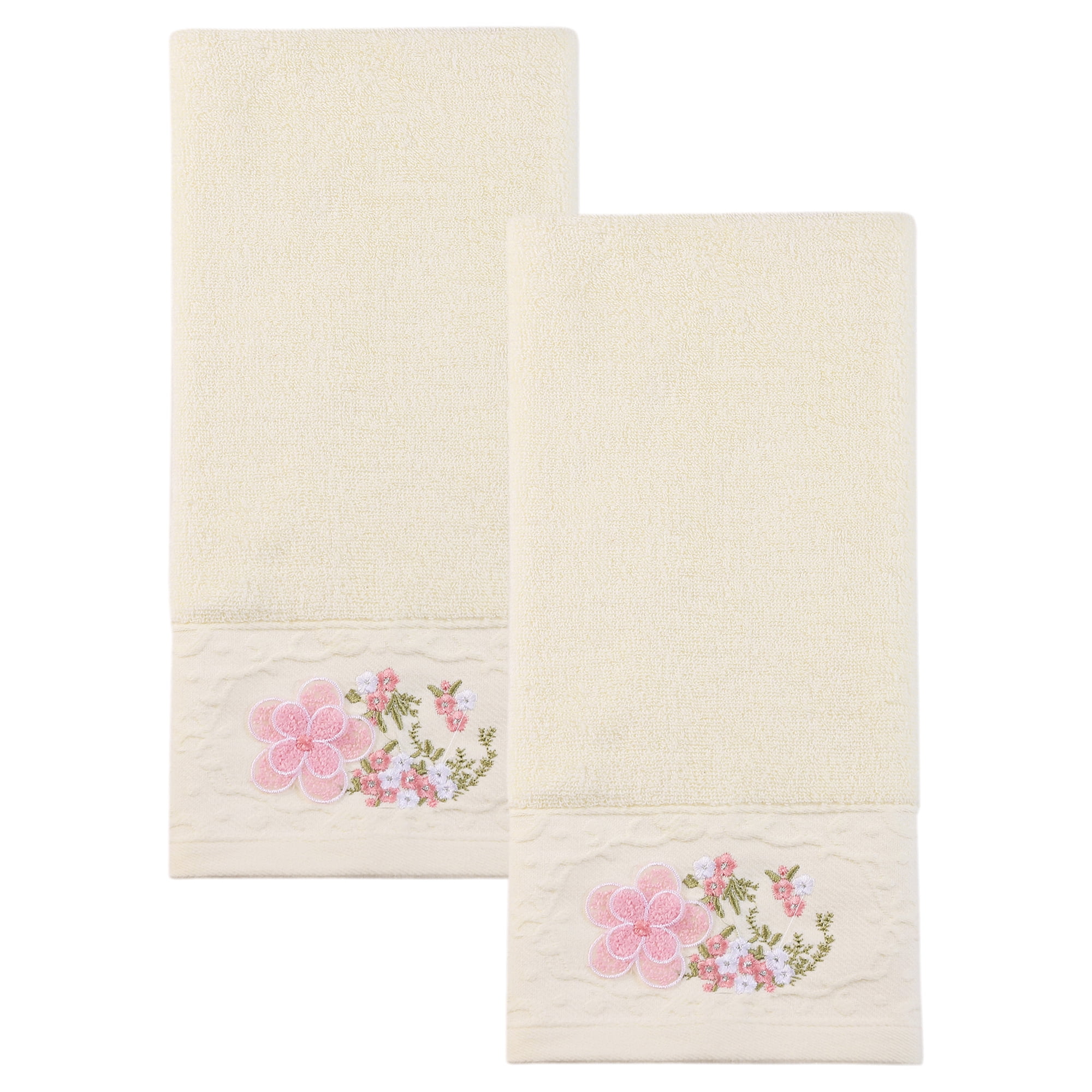 Unique Bargains Floral Embroidered Soft Absorbent Set Hand Towels Milky White 2pk