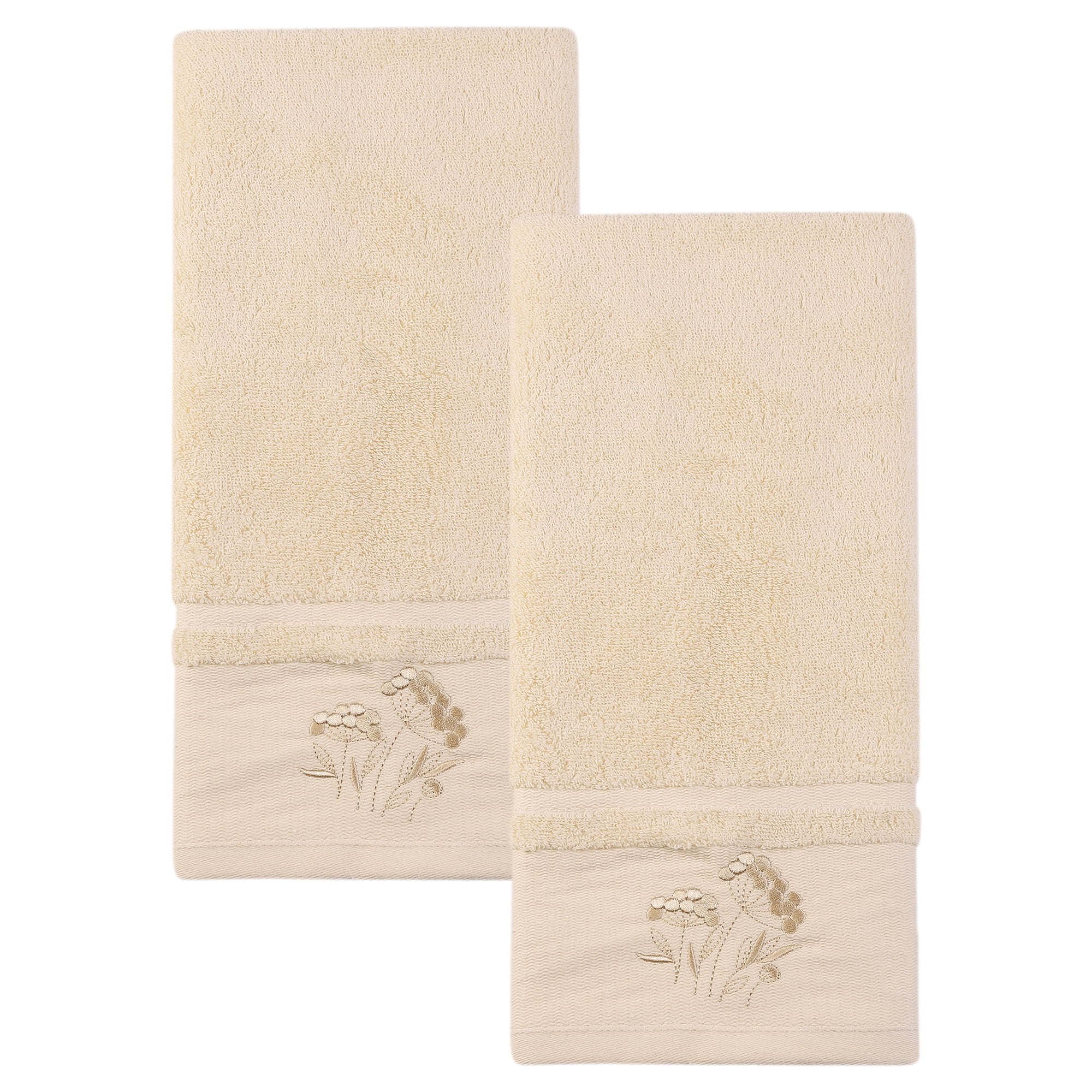 Unique Bargains Floral Embroidered Soft Hand Towel Set Light Brown 2pk
