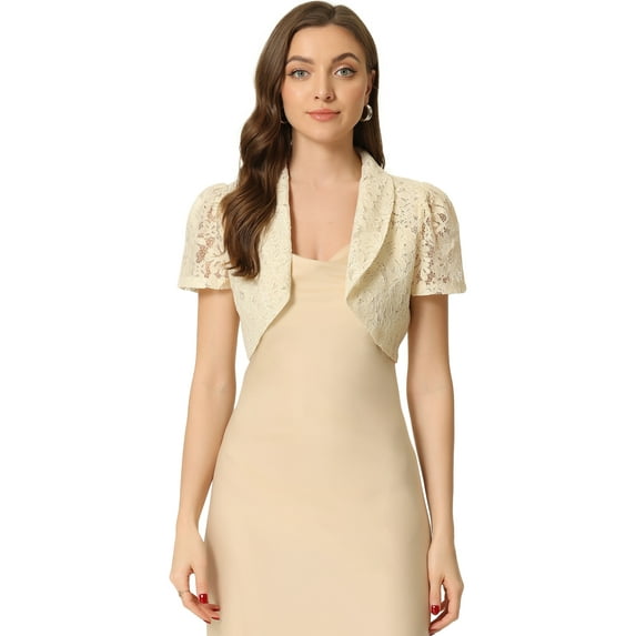 Unique Bargains Floral Lace Shrug for Women's Lapel Collar Short Sleeves Bolero Cardigan S Beige