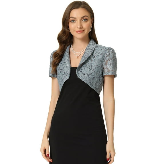 Unique Bargains Floral Lace Shrug for Women's Lapel Collar Short Sleeves Bolero Cardigan XL Grey Blue