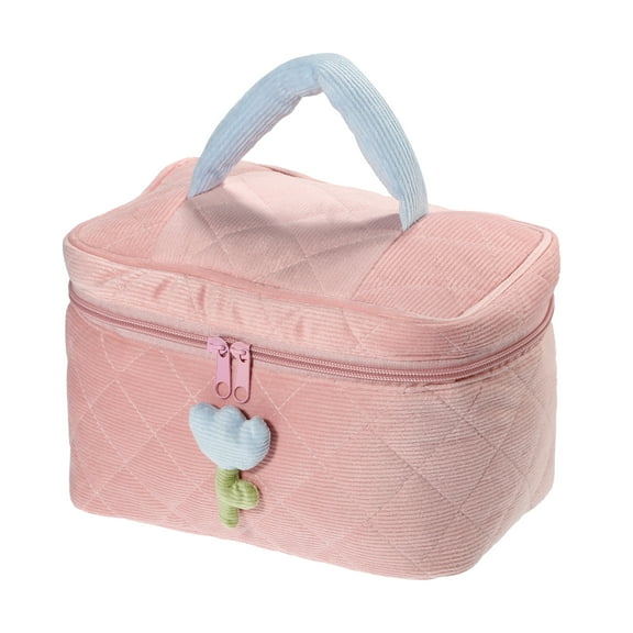1Pc Corduroy Makeup Bag Large Cosmetic Bag Aesthetic Cute Tulip Flower Pattern Makeup Bag Pink