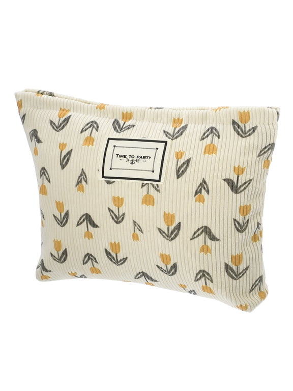 Floral Makeup BagLarge Capacity Cosmetic Pouch Beige Orange