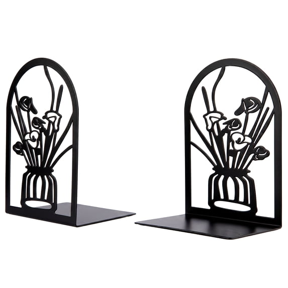 Unique Bargains Floral Metal Flower Design Bookends for Shelves Black Style A 4.7"x3.5"x7"