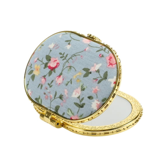 Unique Bargains Floral Oval Mini Mirror for Purses Blue 1 Pc