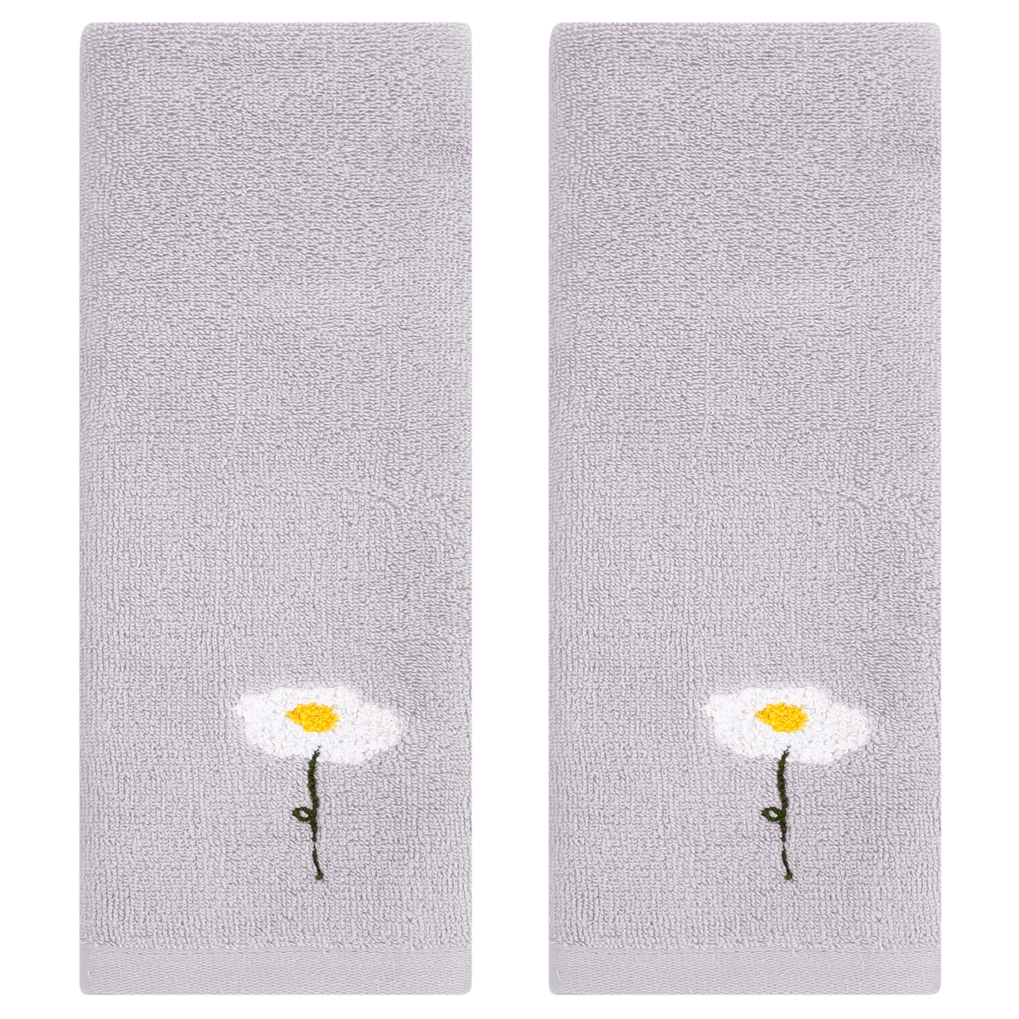 Unique Bargains Cotton Floral Hand Towels Absorbent Towel Set Grey 2-Pieces